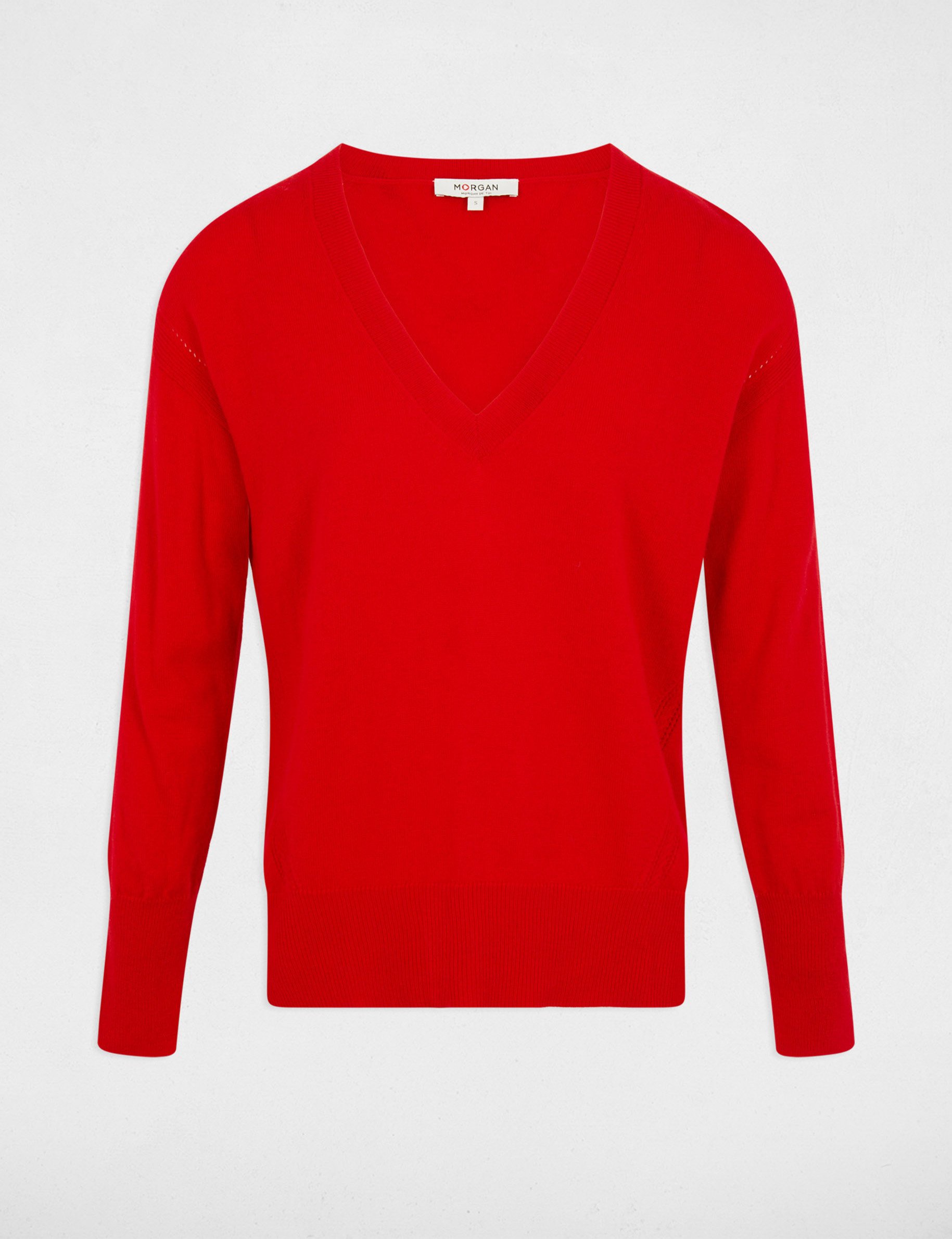 Pull col en V manches longues rouge femme