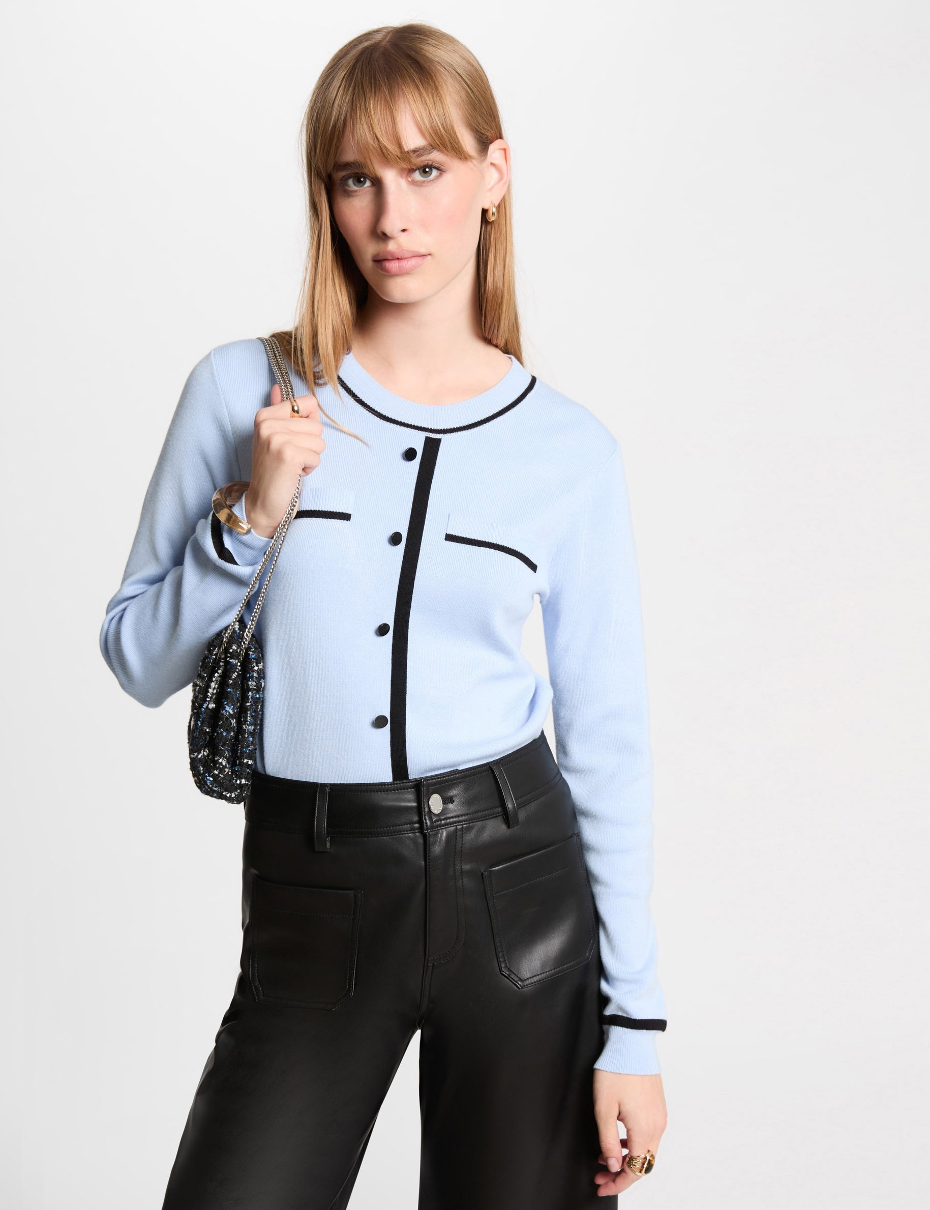 Pull col rond manches longues bleu ciel femme