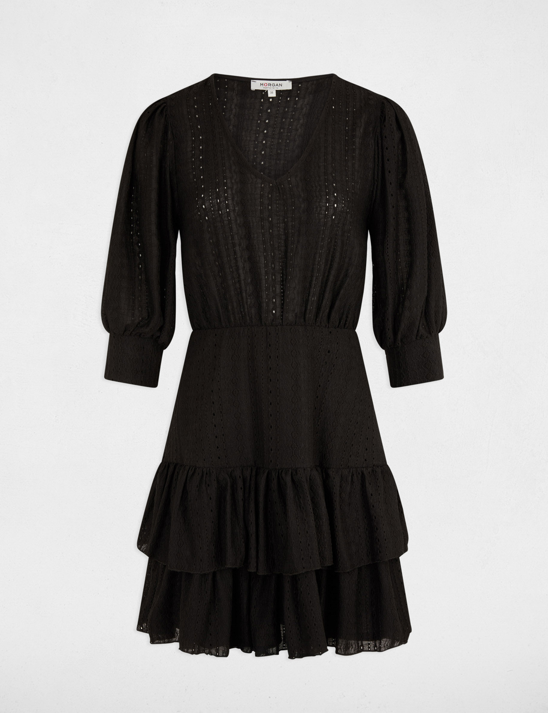 Robe courte évasée brodée noir femme