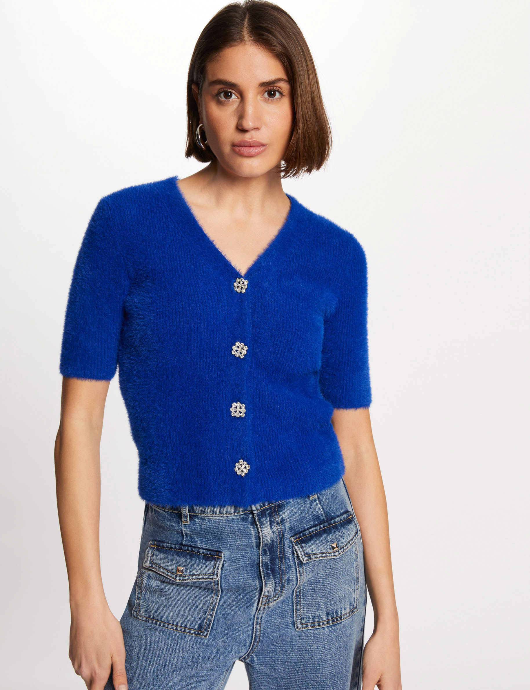 Pull manches courtes à boutons bleu electrique femme