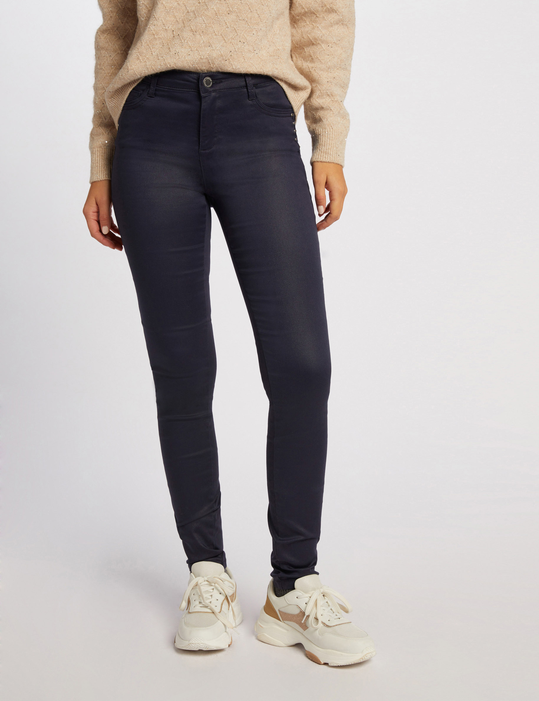 Pantalon skinny enduit marine femme