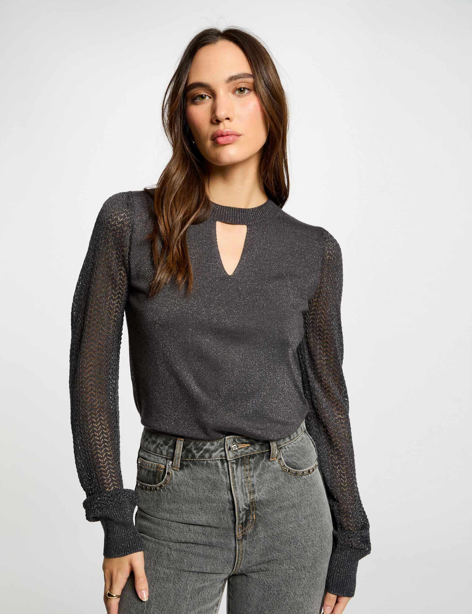 Pull col rond à ouverture gris anthracite femme