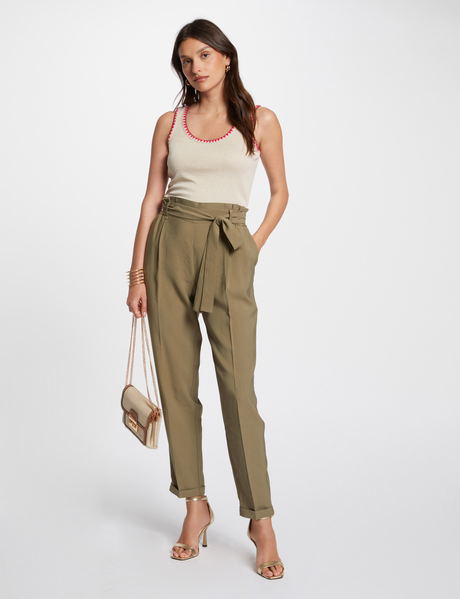 Pantalon carotte fluide vert kaki femme