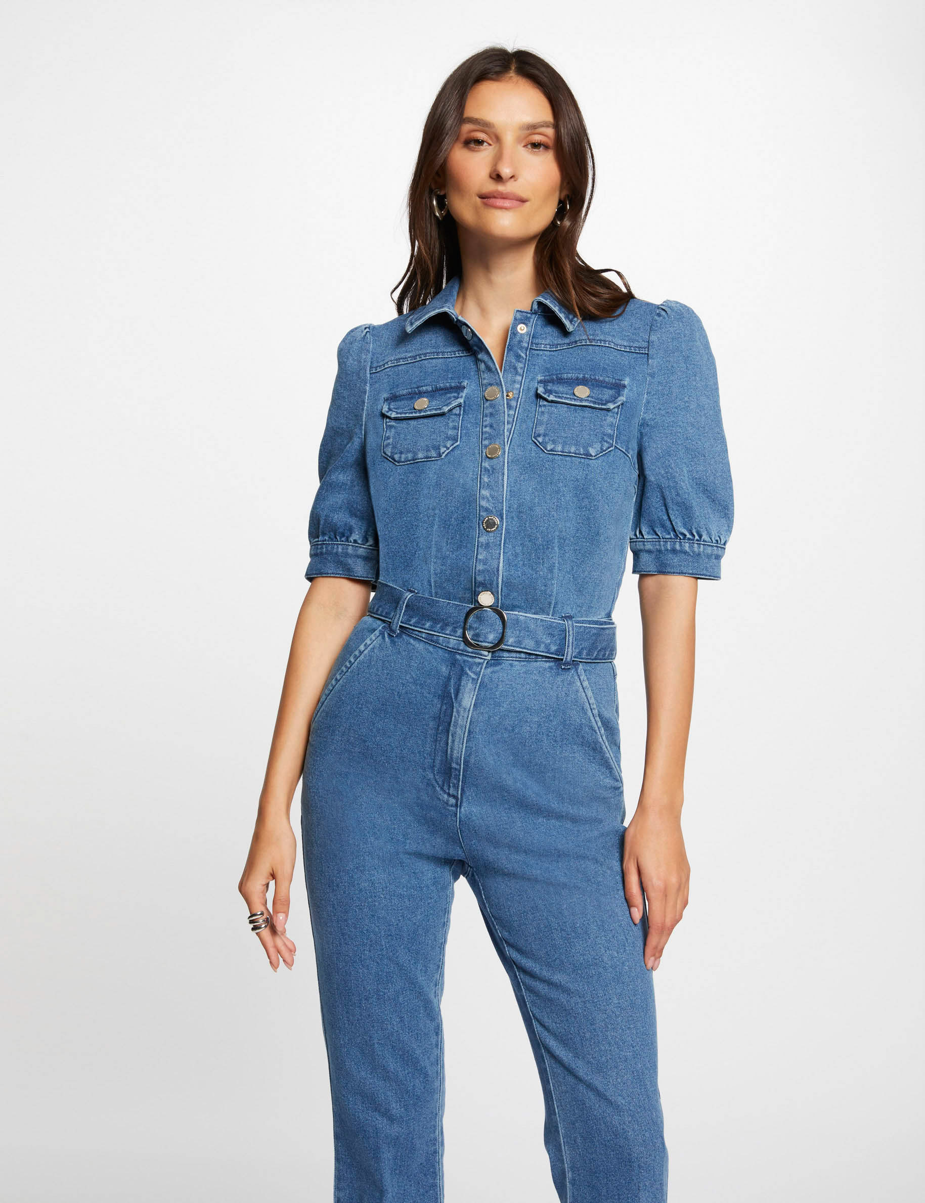 Lange denim jumpsuit jean stone vrouw