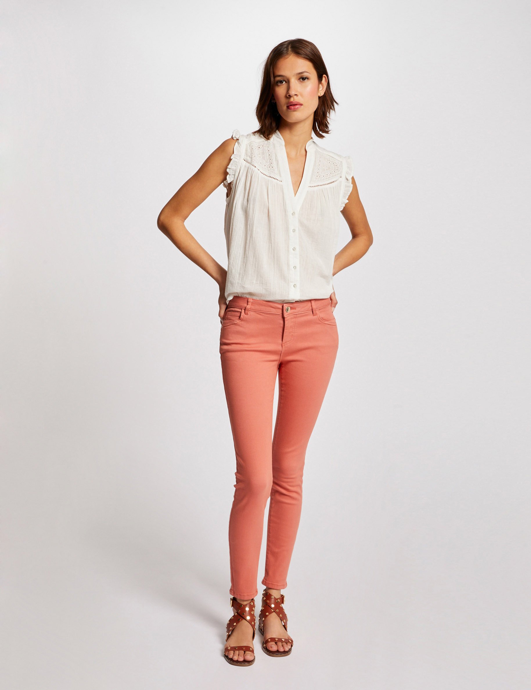 Skinny jeans met lage taille koraal vrouw