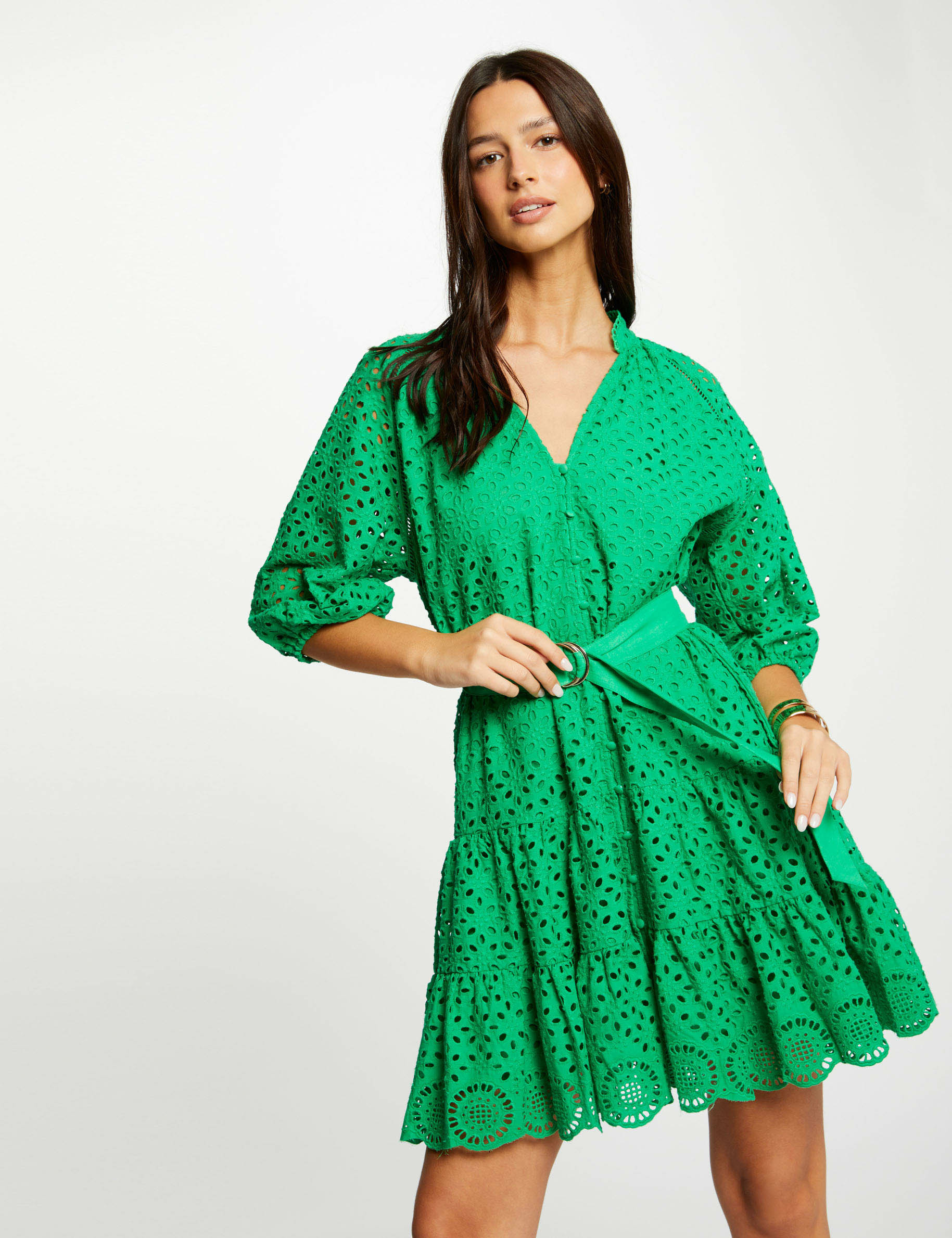 Robe courte trapèze brodée vert femme