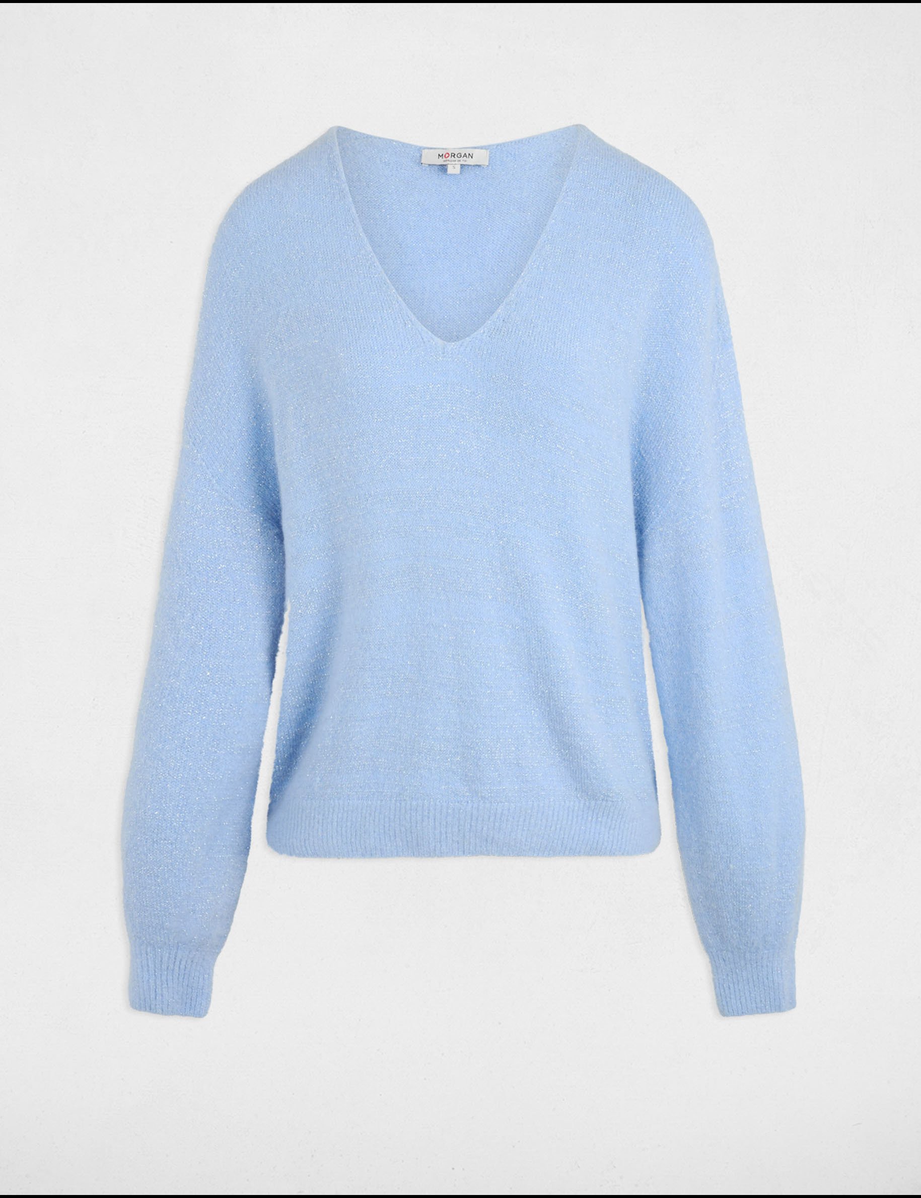 Pull col en V bleu moyen femme