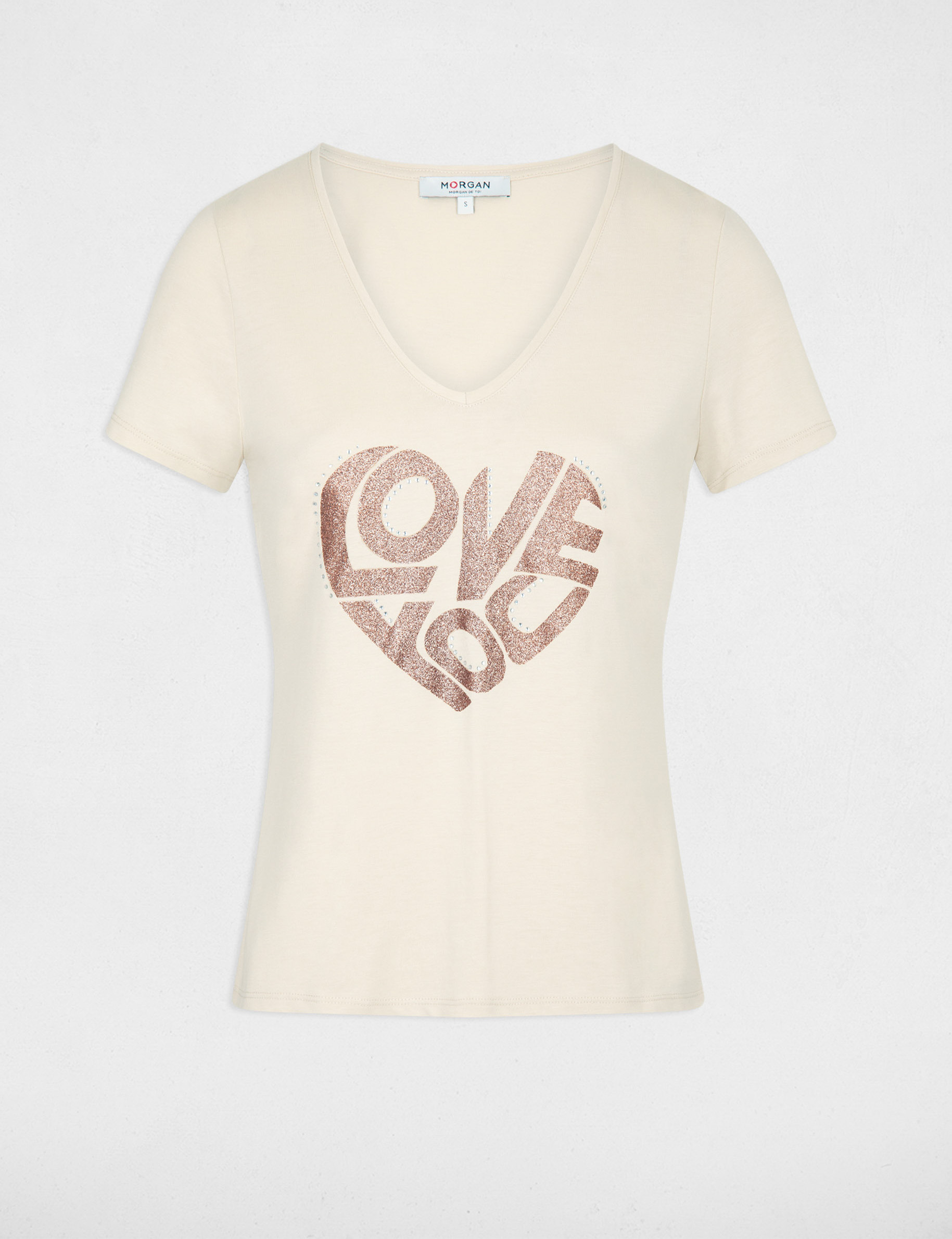 T-shirt manches courtes strass beige clair femme