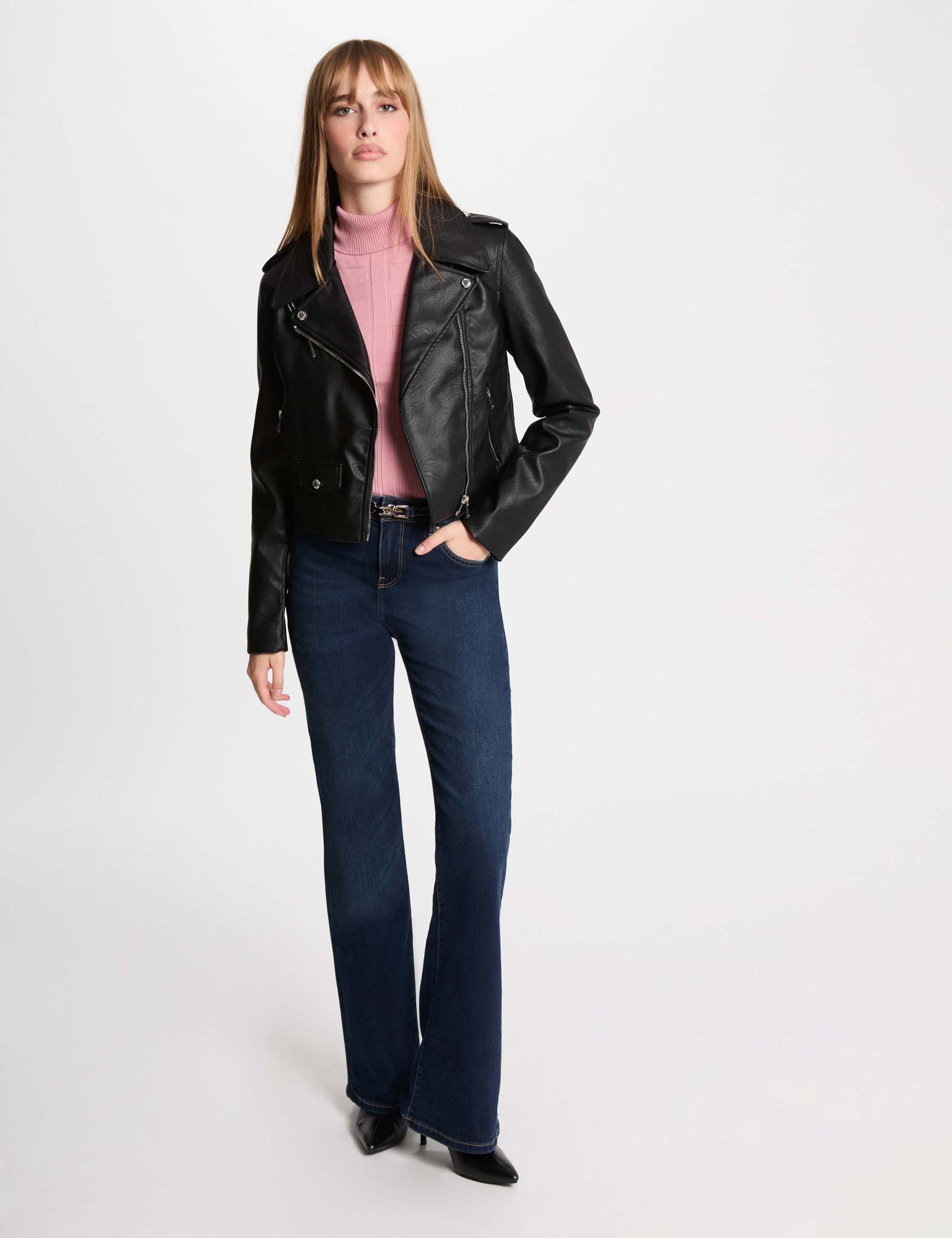 Blouson court simili cuir noir femme