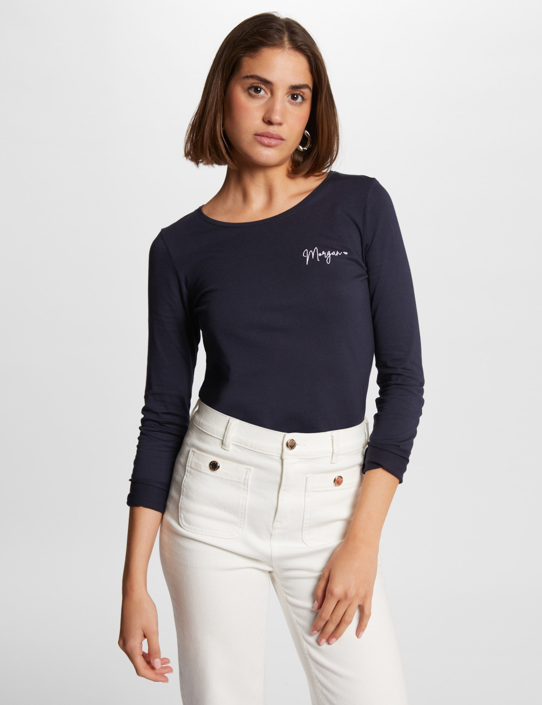 T-shirt manches 3/4 brodé marine femme