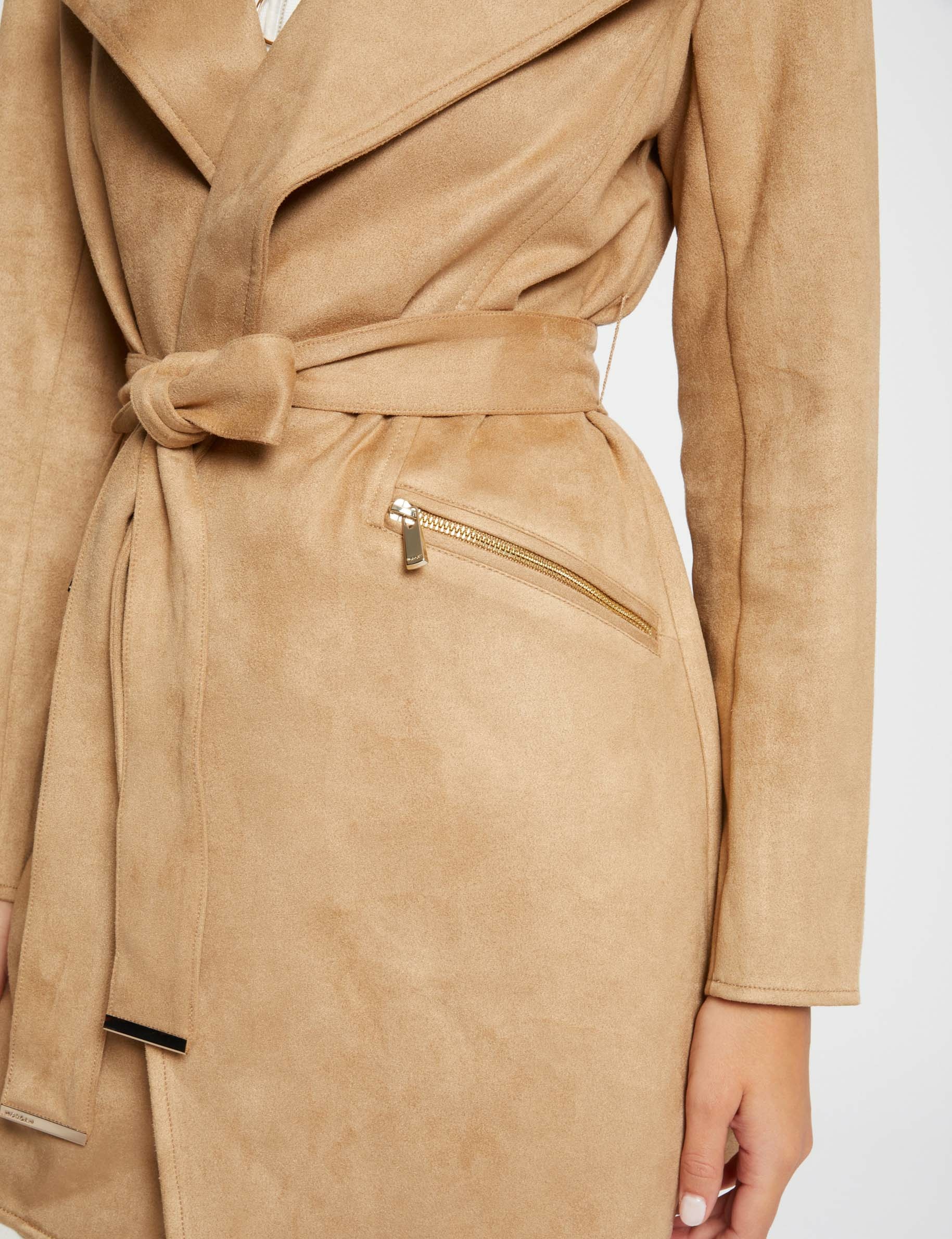 Manteau long ceinturé suédine beige femme