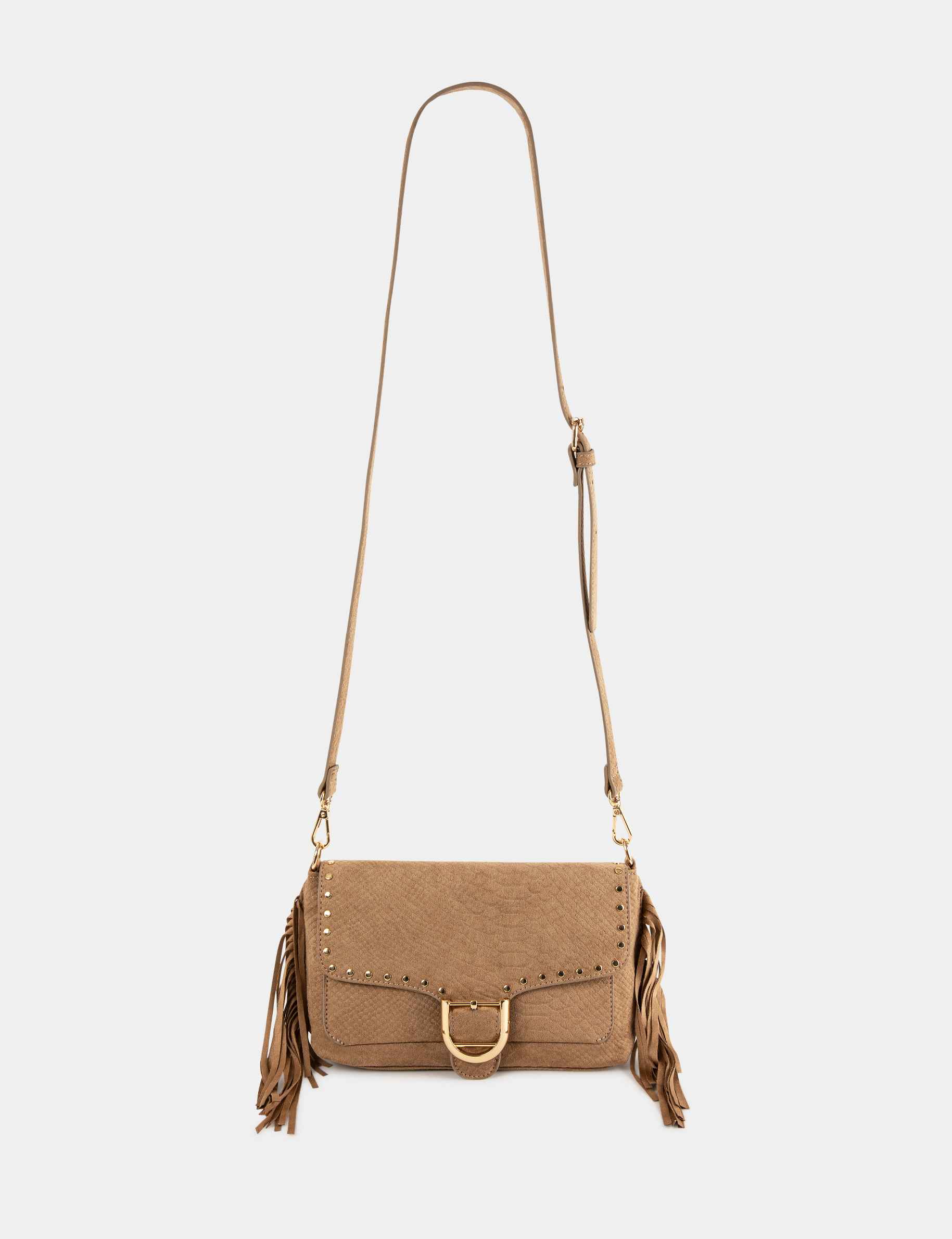 Sac aspect croco à franges et clous beige femme