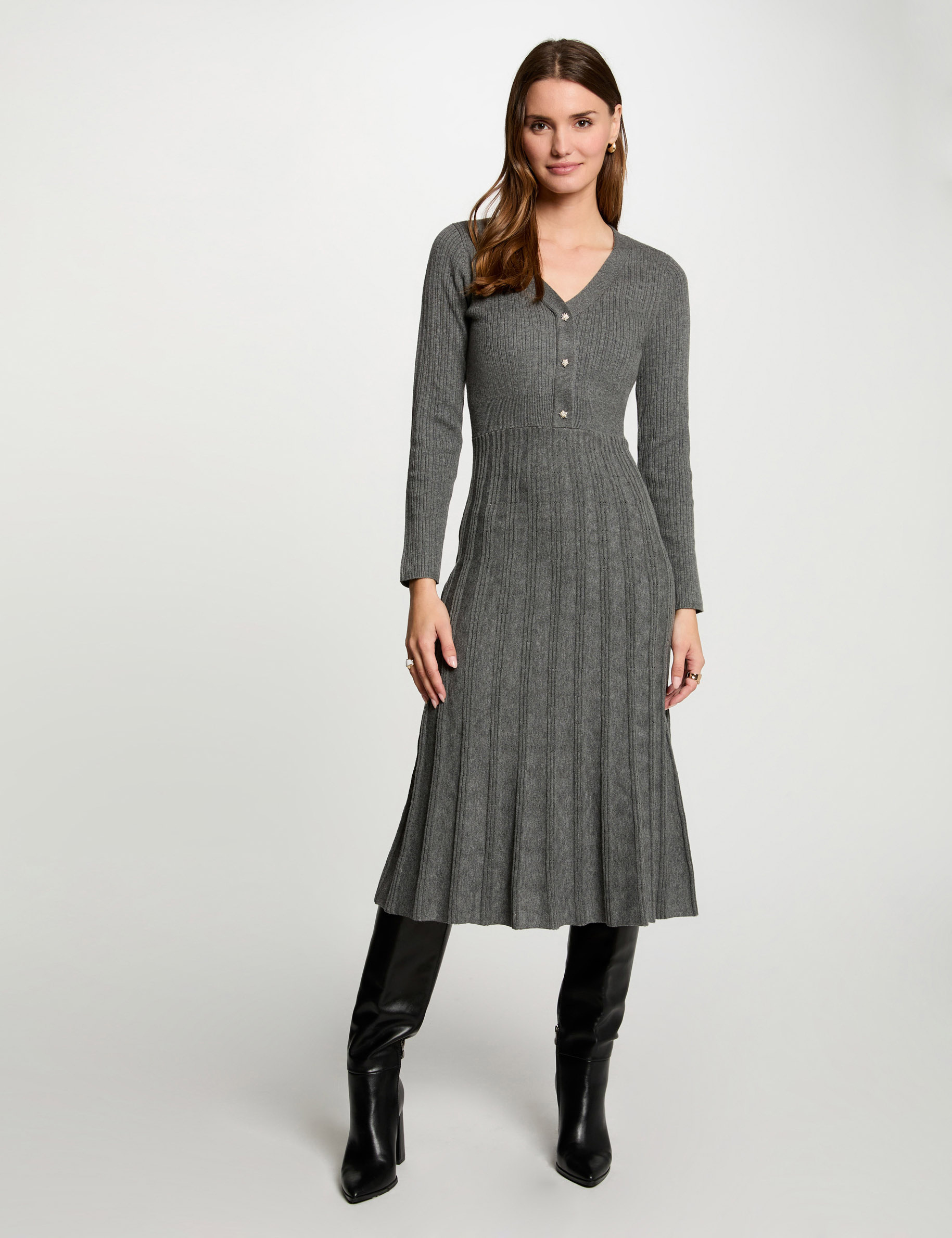 Robe tricot midi ajustée plis gris anthracite femme