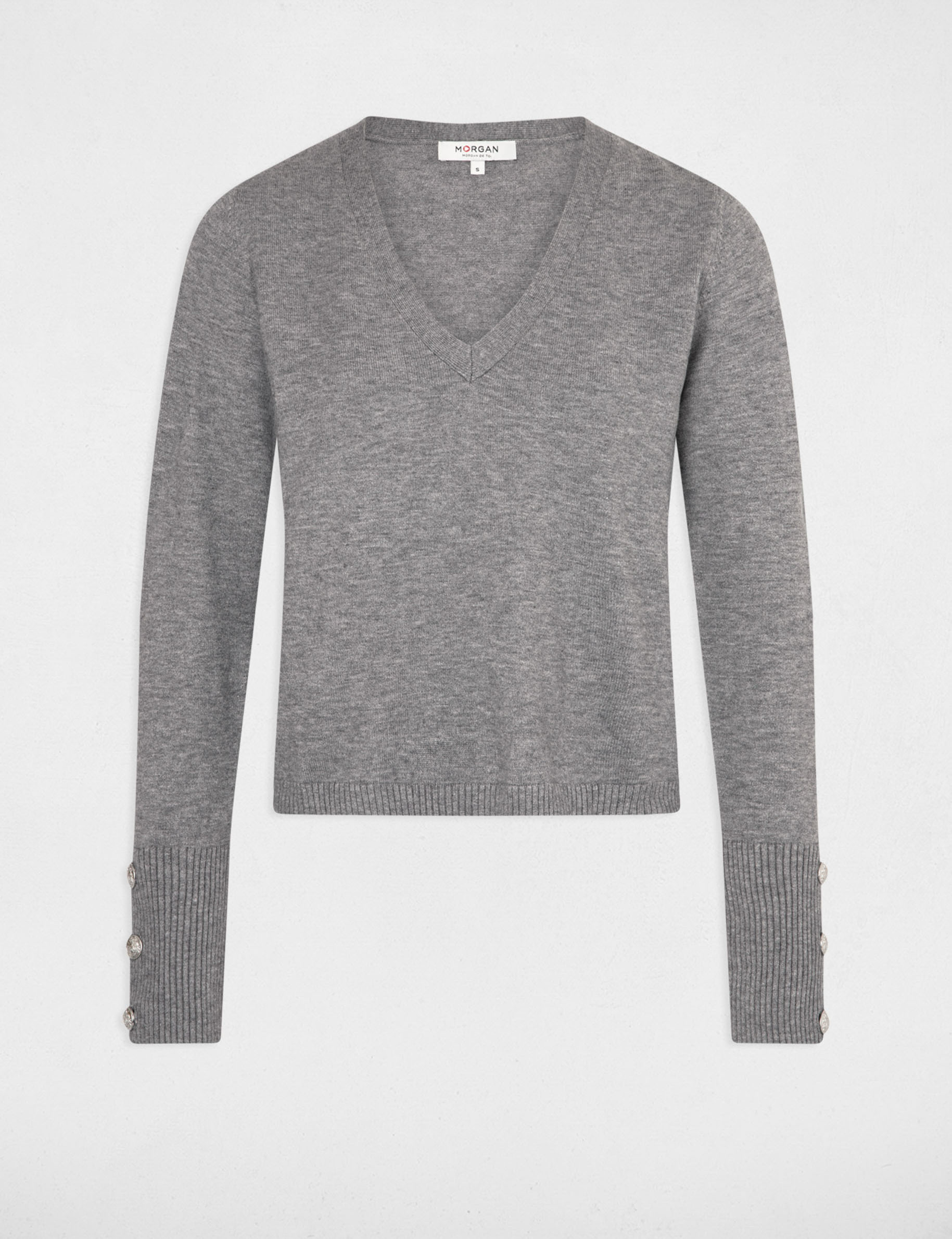 Pull manches longues col en V gris moyen femme