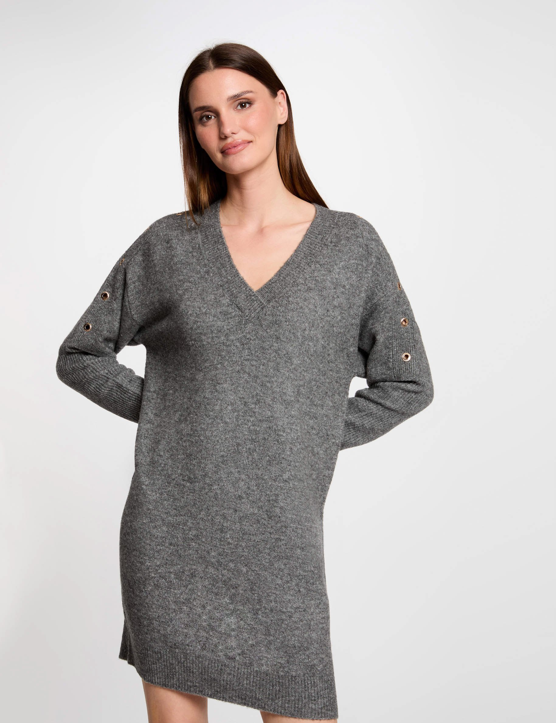 Robe tricot droite à oeillets gris anthracite femme