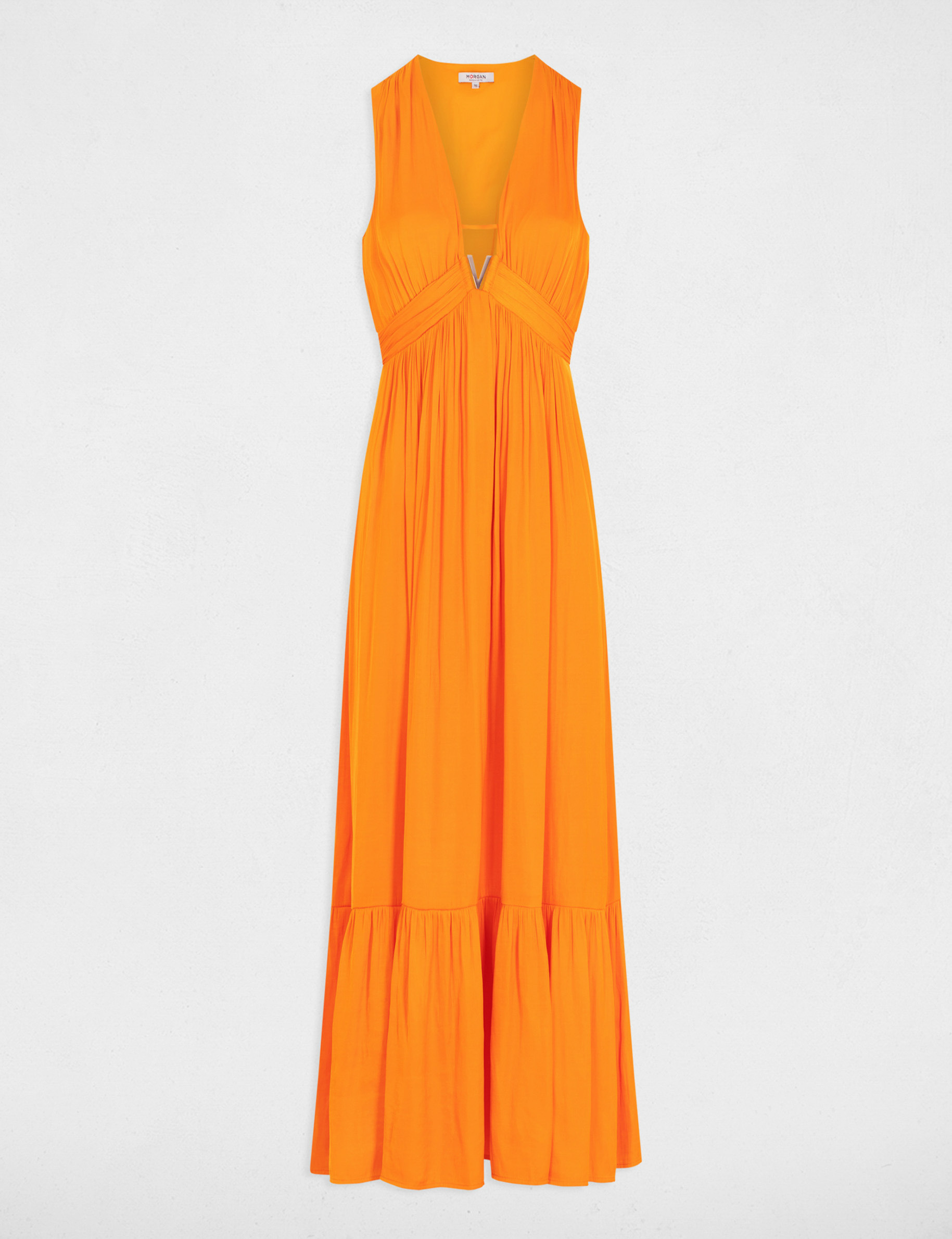 Robe longue évasée fluide orange femme