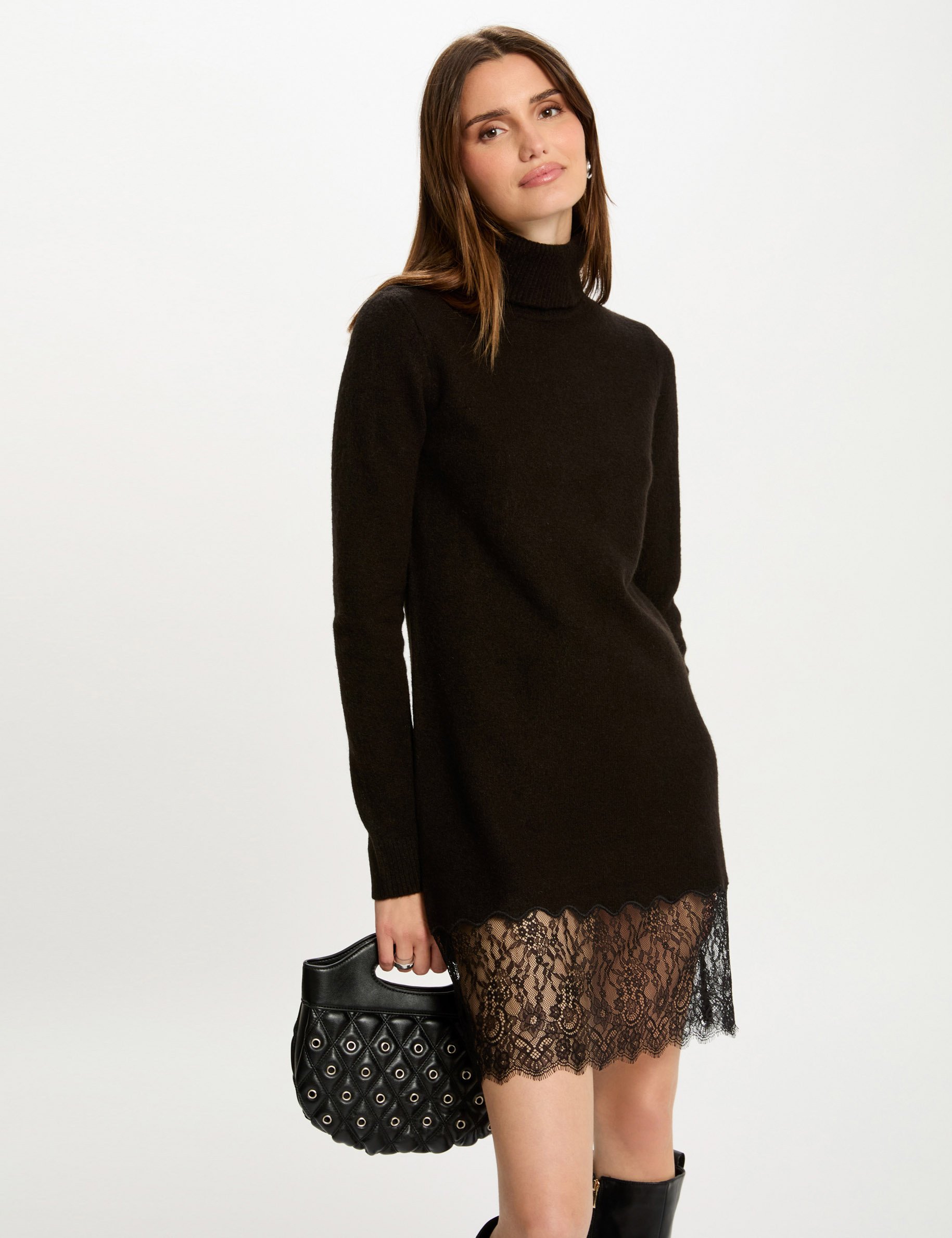 Robe tricot courte ajustée noir femme