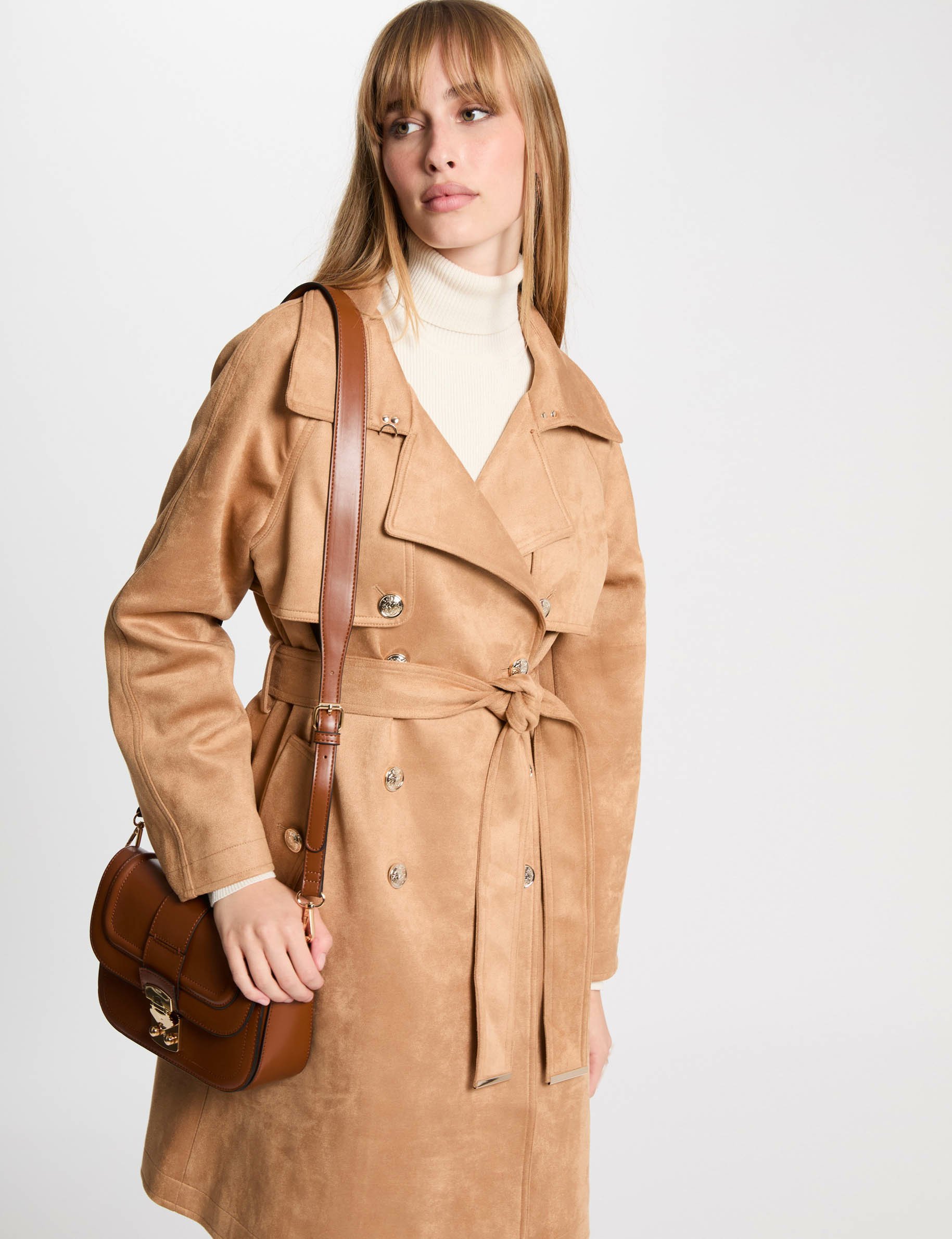 Trench long suédine caramel femme