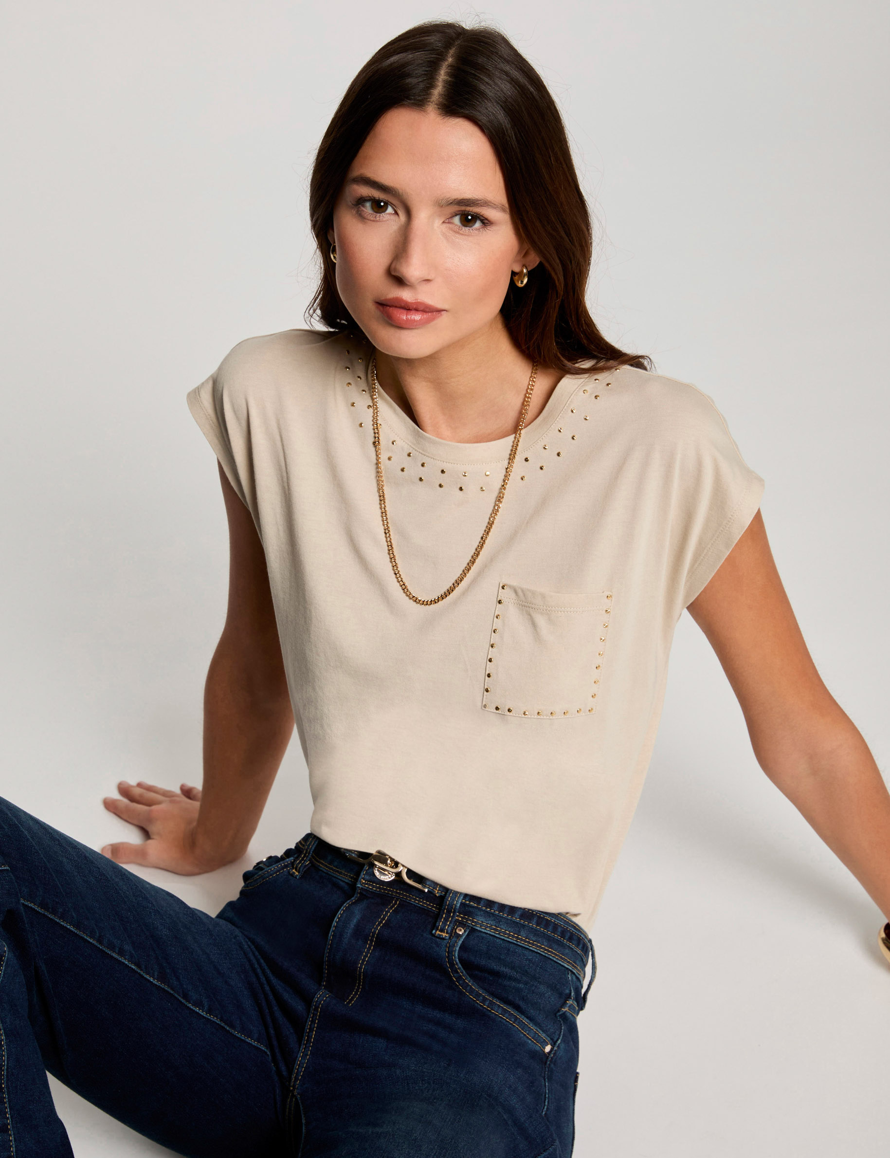 T-shirt manches courtes beige femme