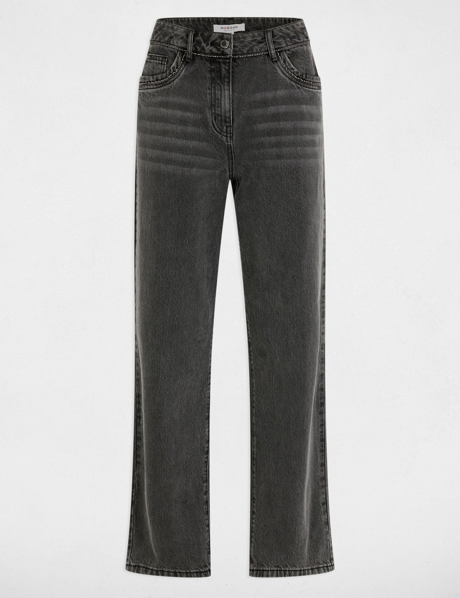 Mom jeans met strass details gris clair vrouw