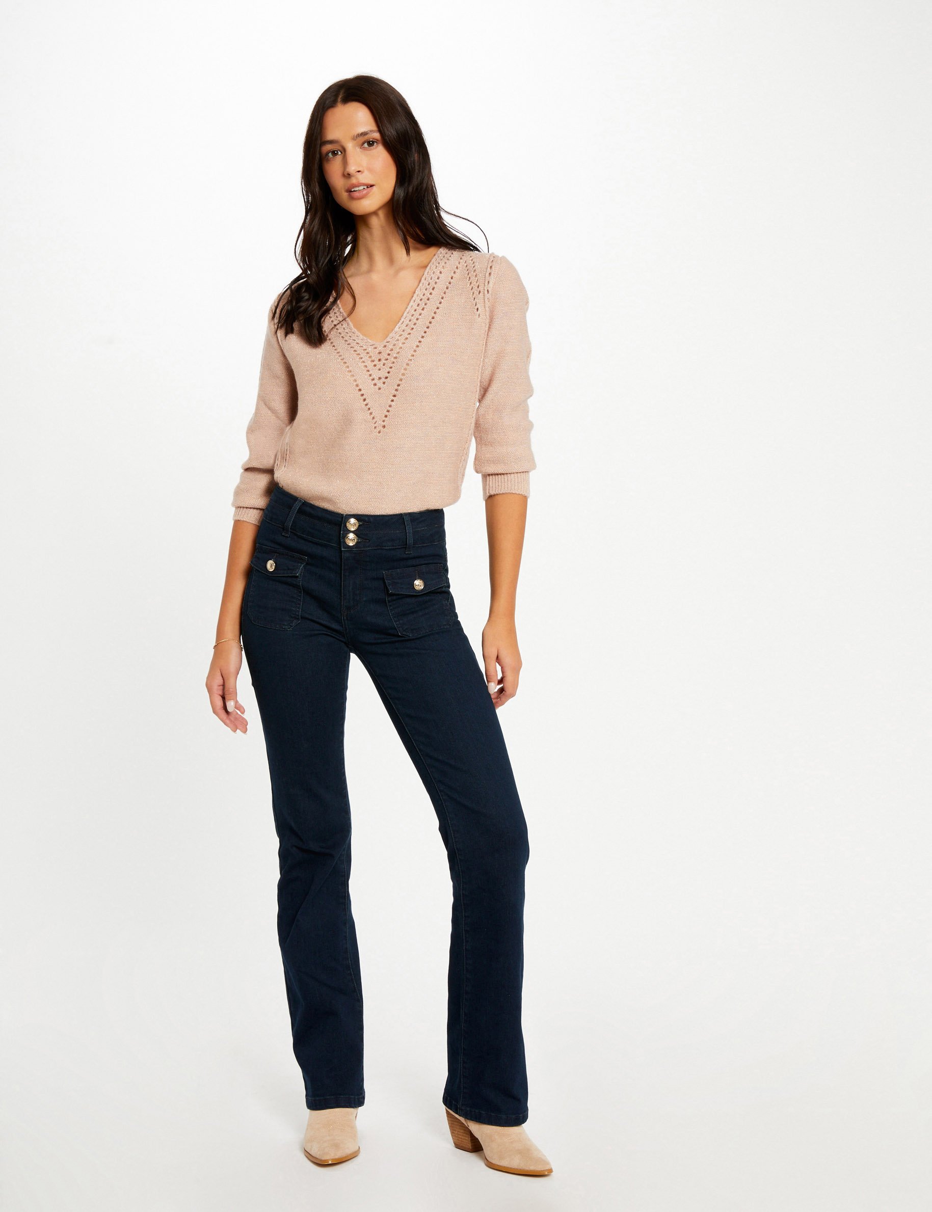 Bootcut jeans met hoge taille ruw denim vrouw