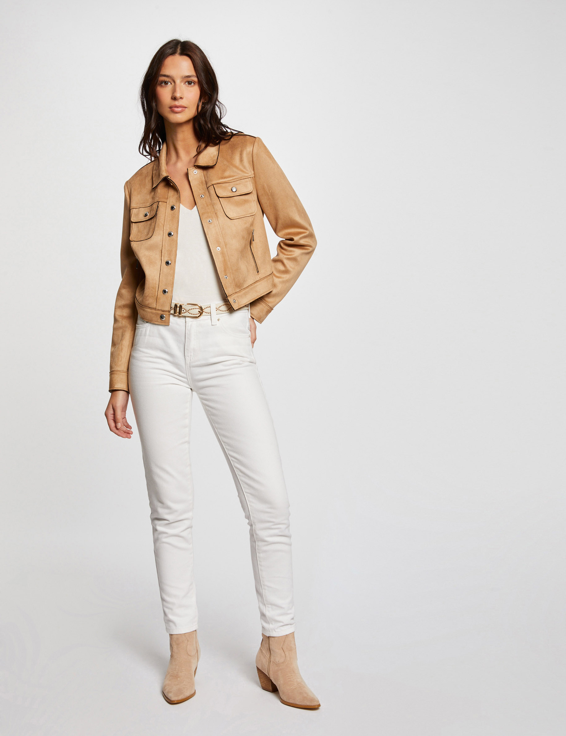 Blouson suédine boutonné camel femme