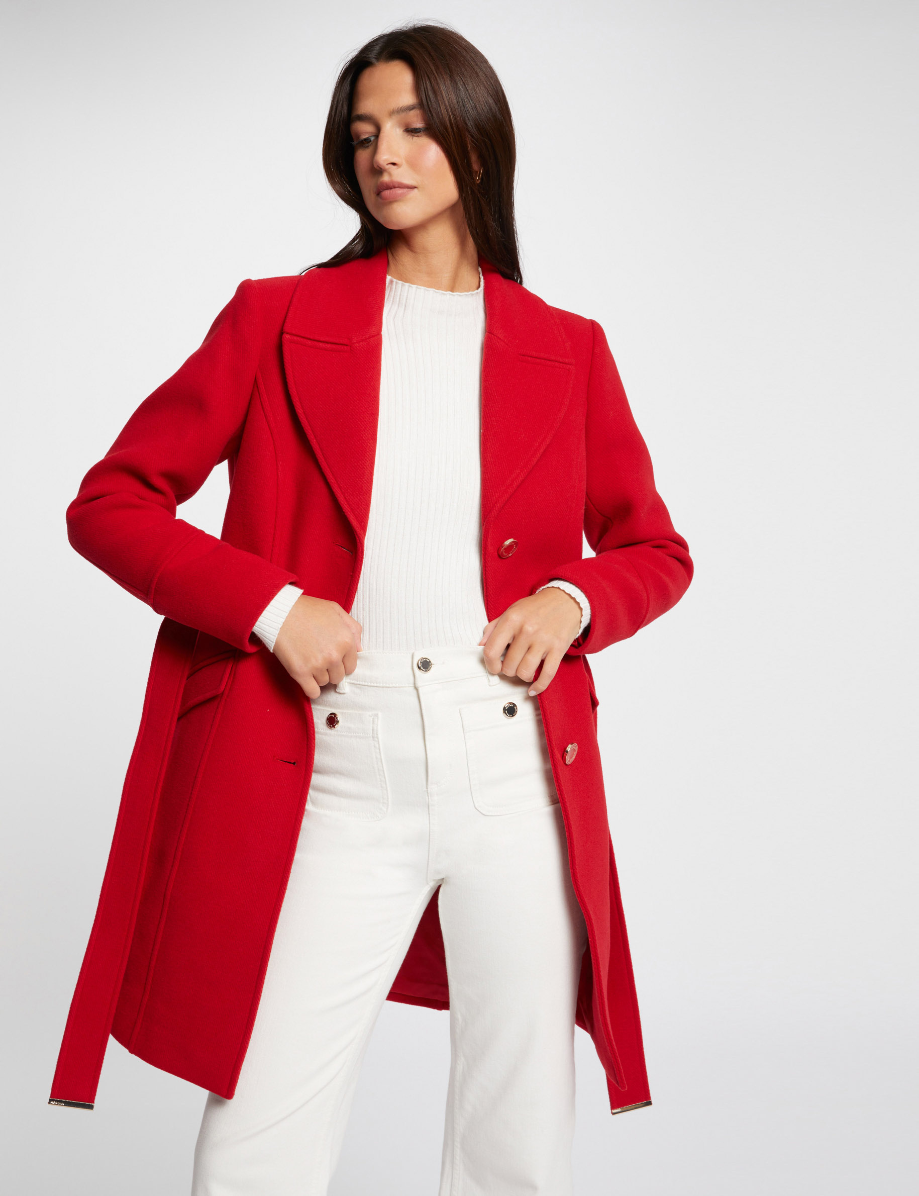 Manteau long ceinturé rouge femme