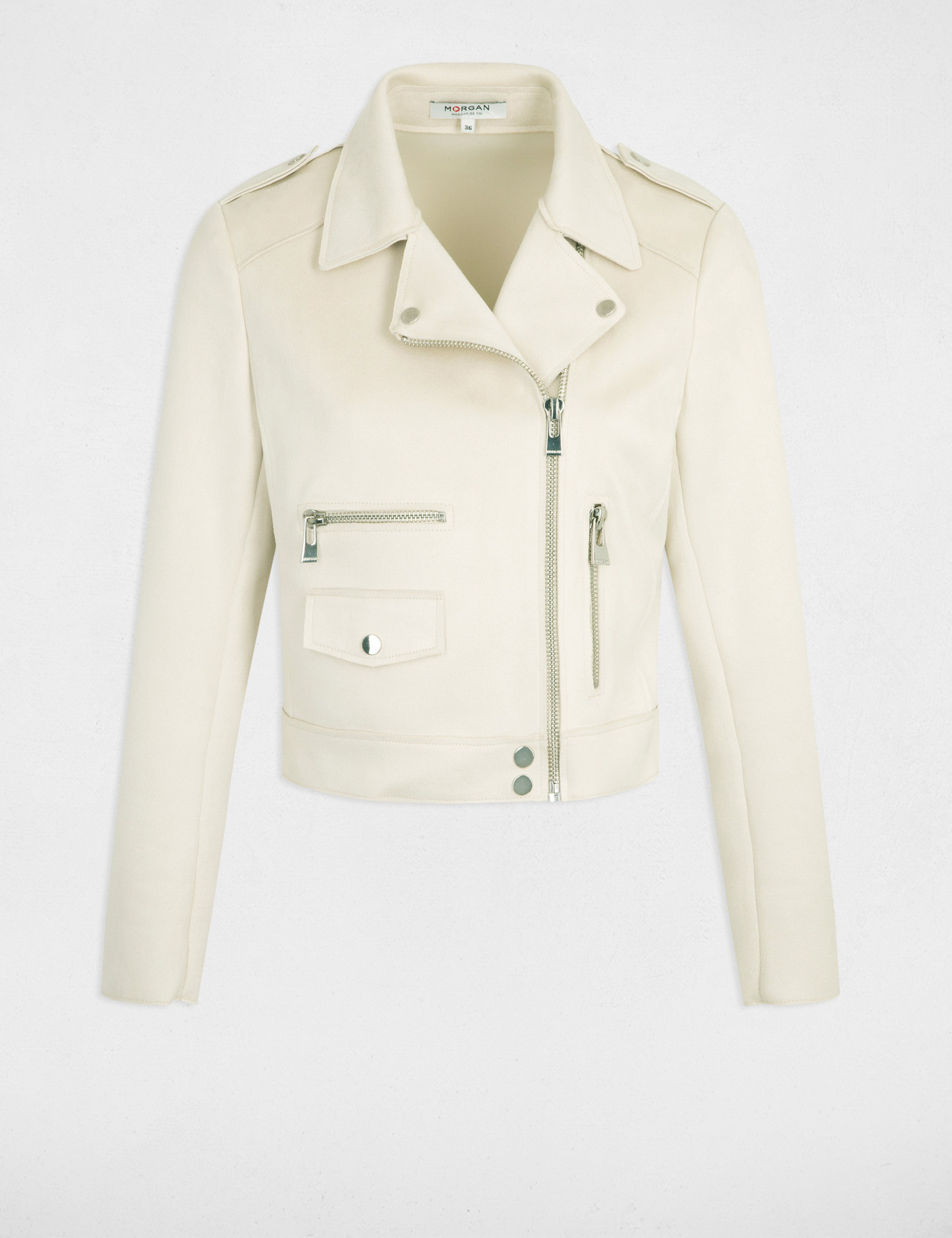 Blouson court zippé suédine beige clair femme