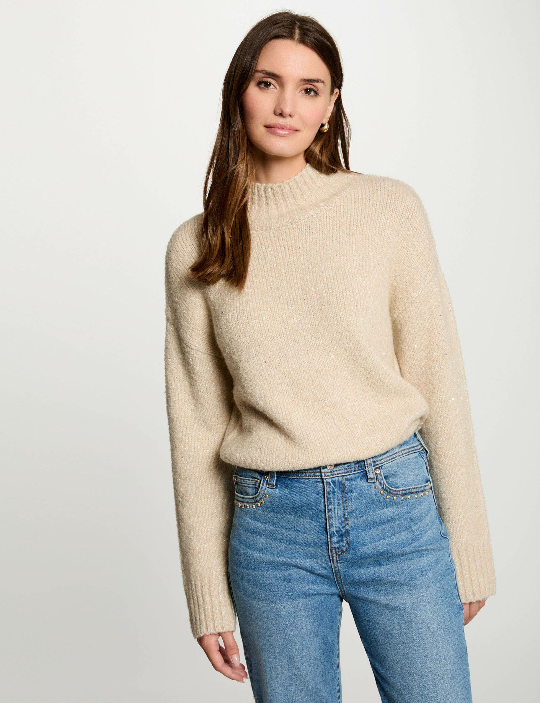 Pull col montant et sequins beige femme