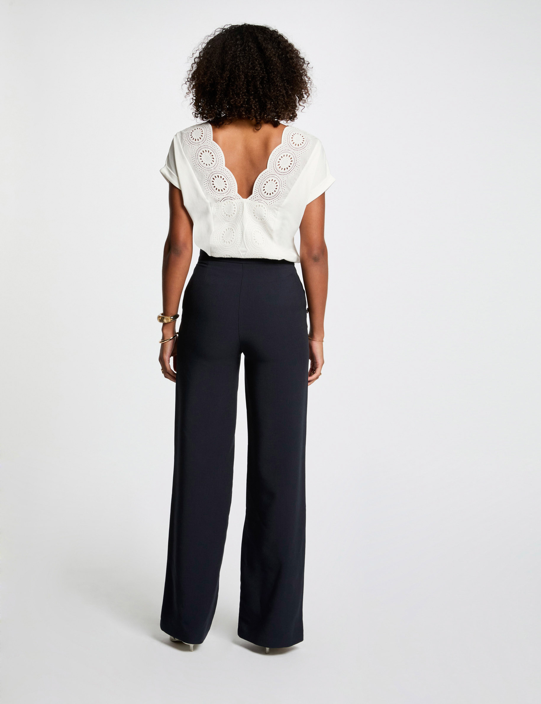 Pantalon large à boutons bleu marine femme