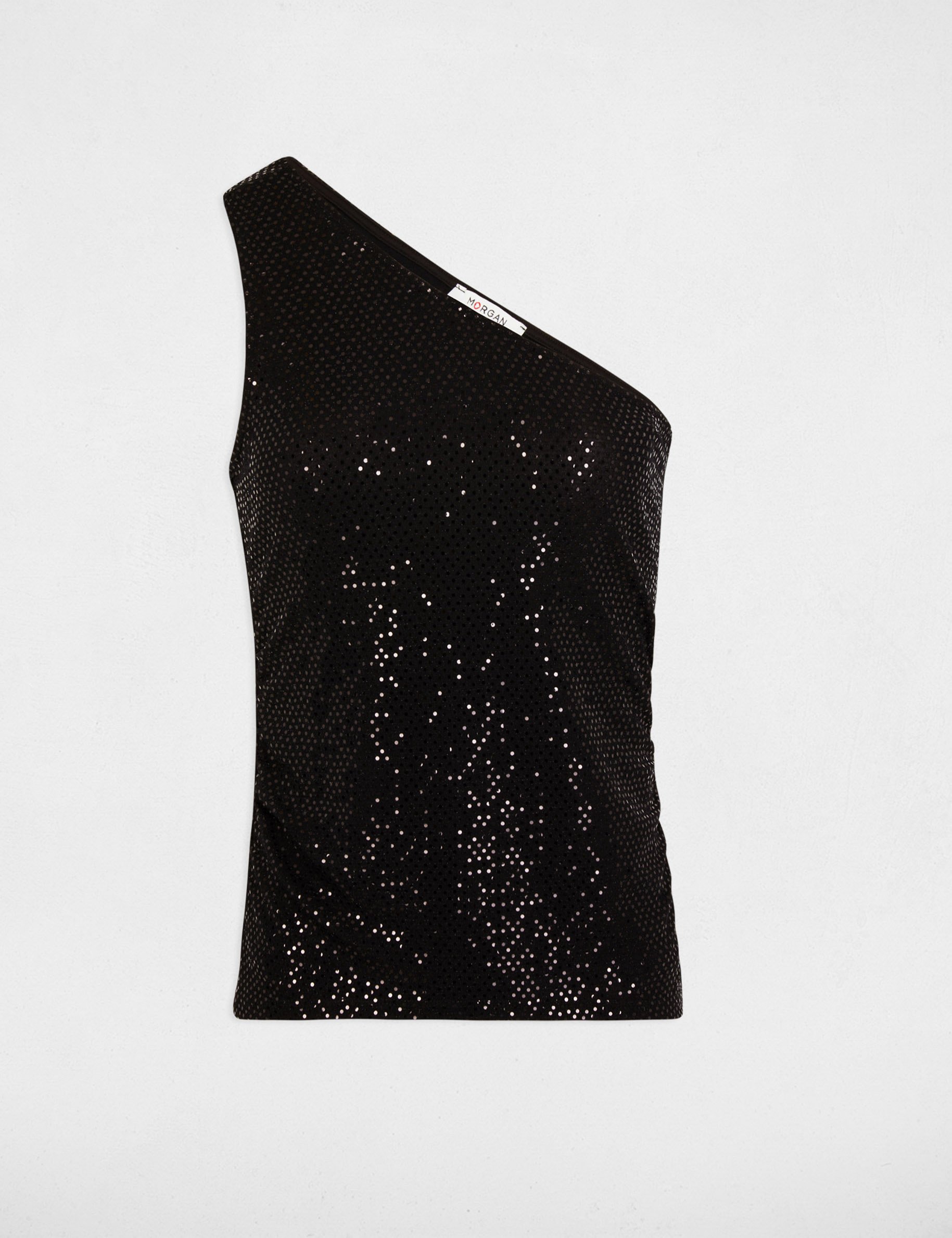 Top asymétrique strass noir femme