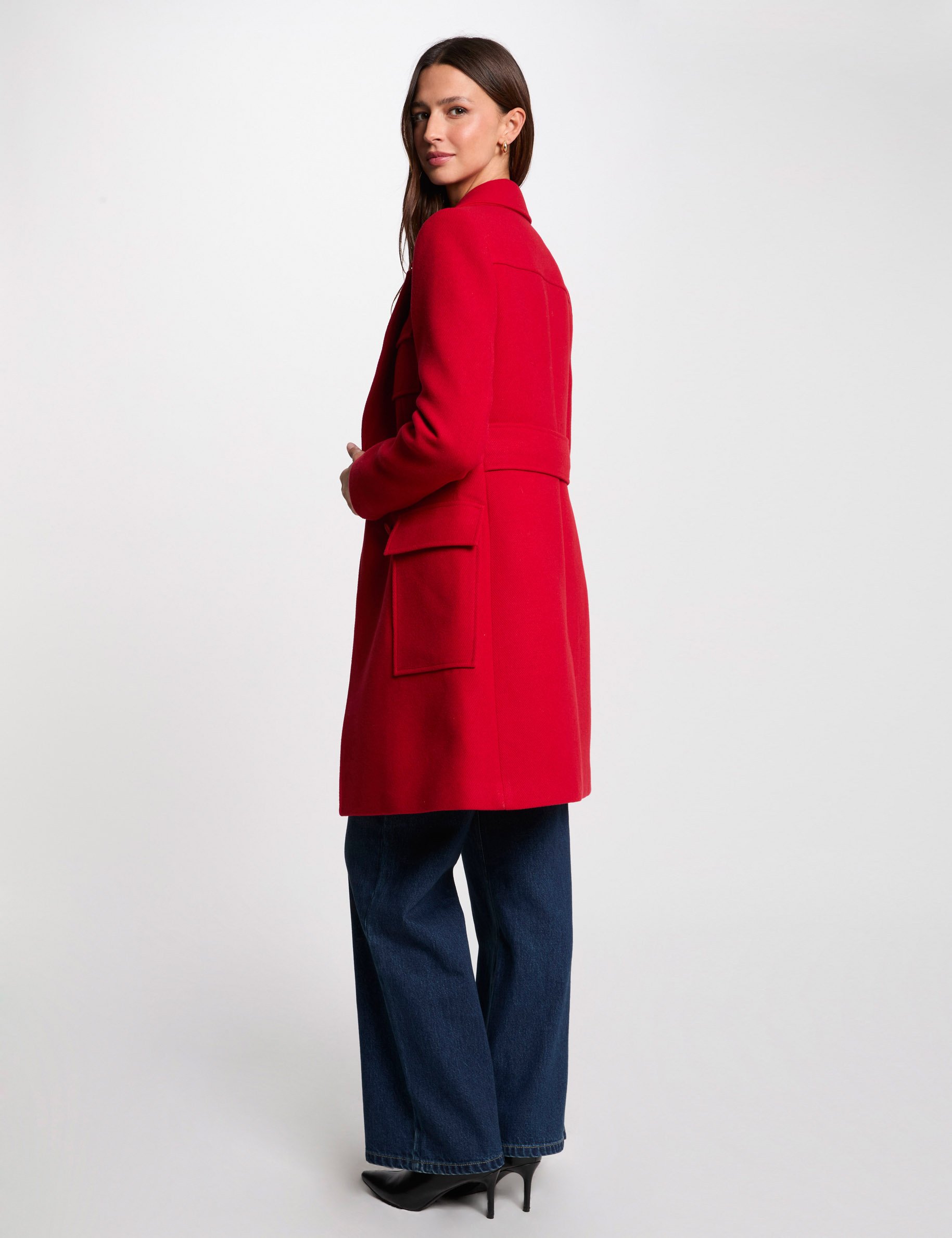 Manteau long boutonné rouge femme