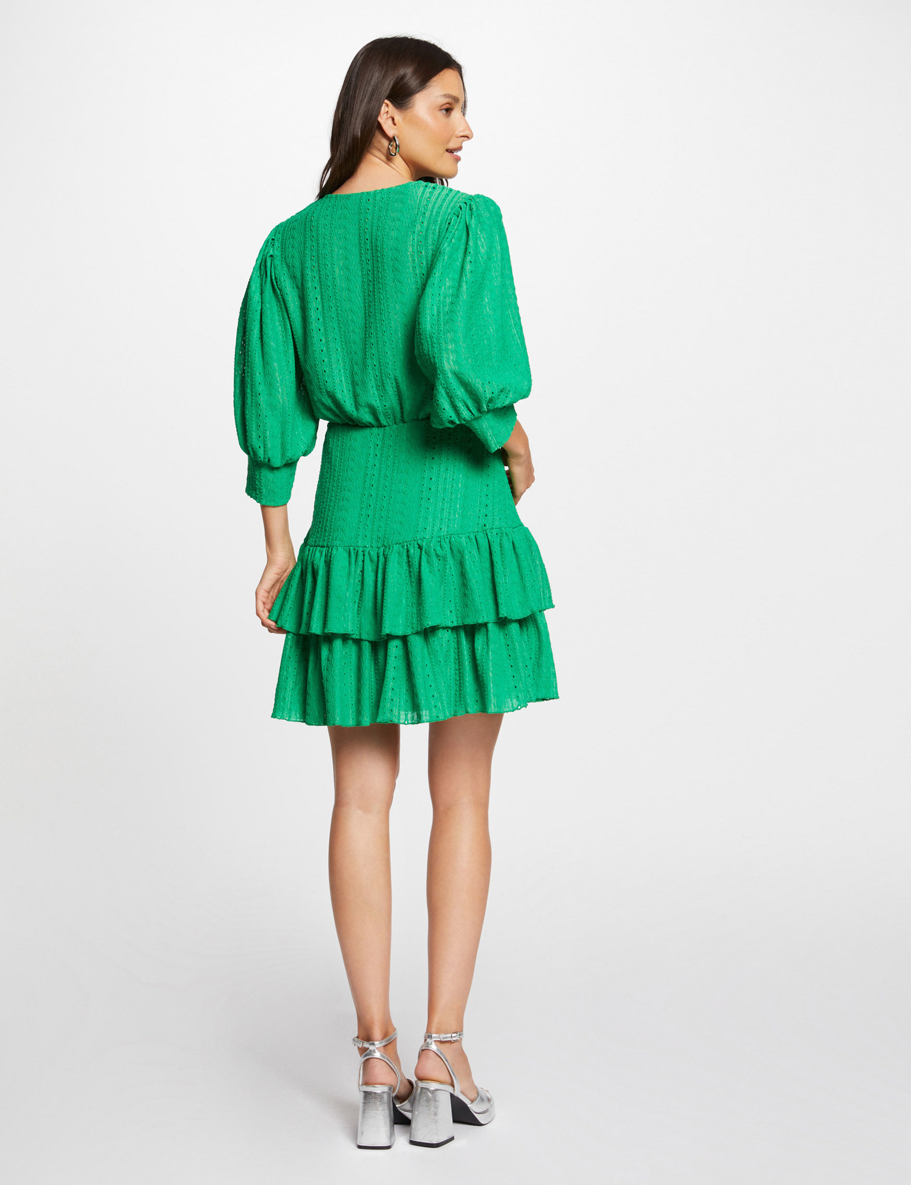 Robe courte évasée brodée vert femme