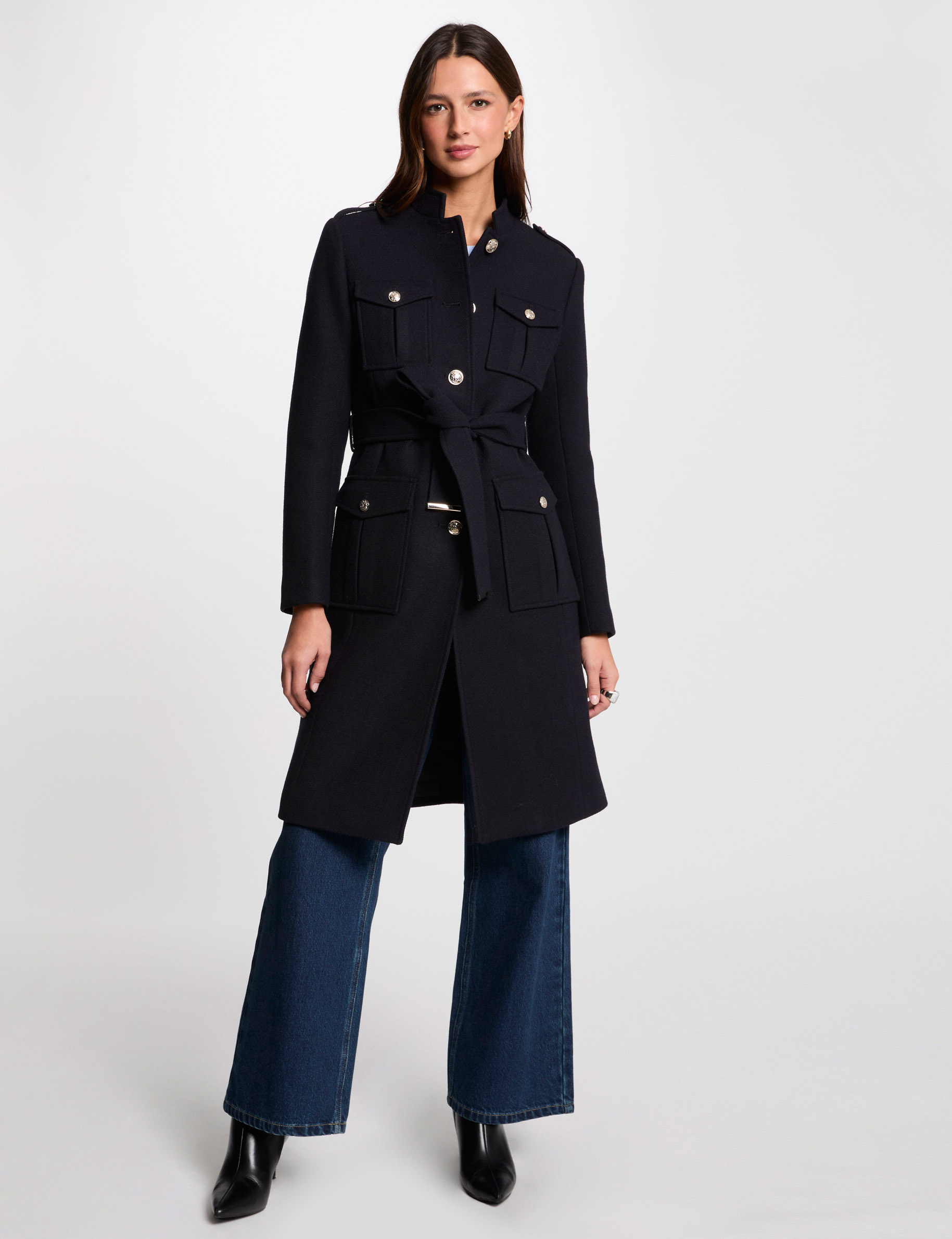 Manteau long ceinturé bleu marine femme