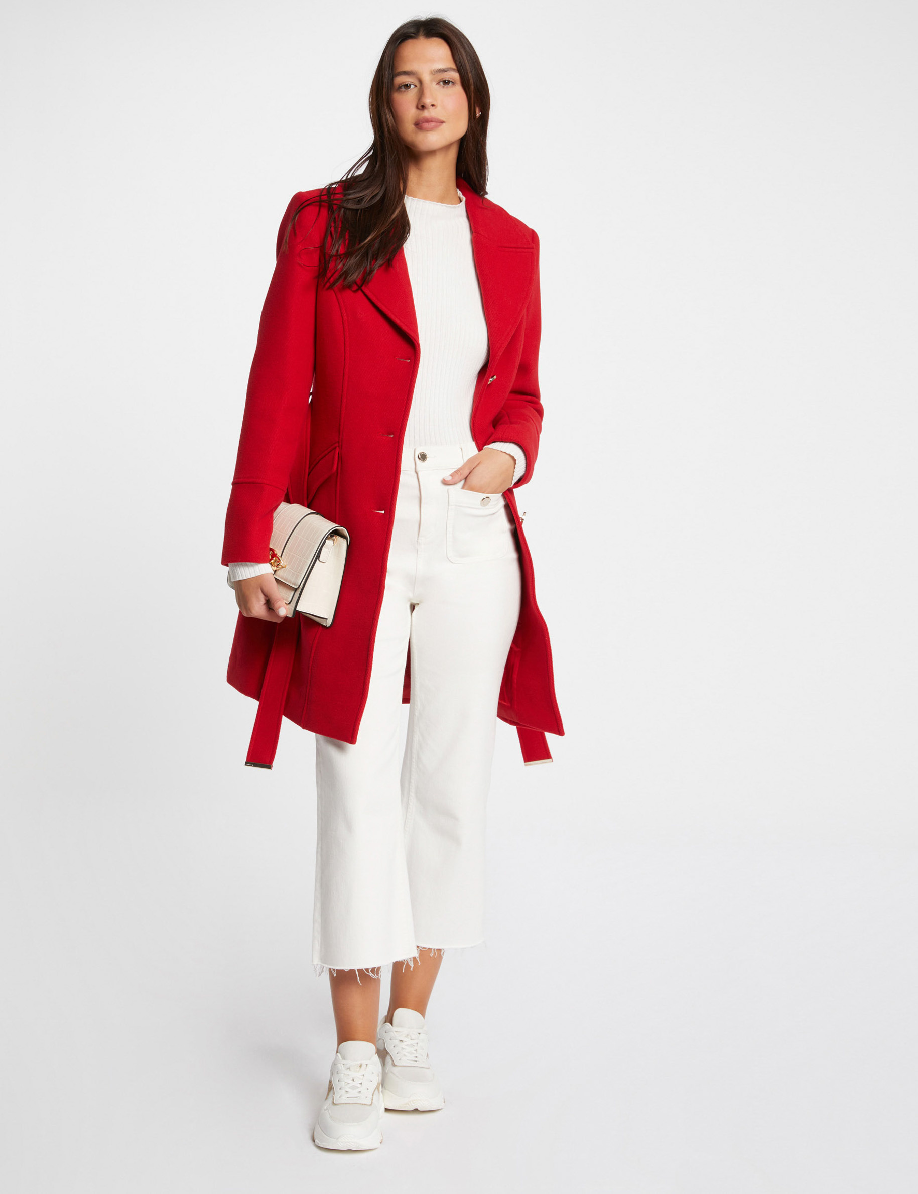 Manteau long ceinturé rouge femme