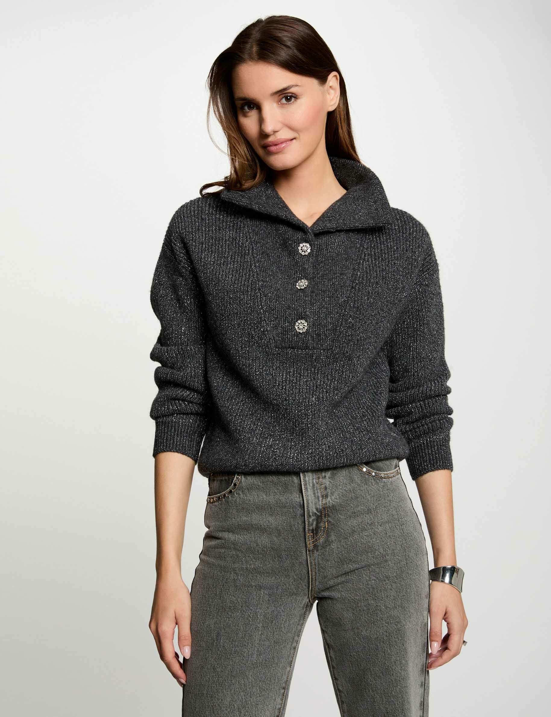 Pull col camionneur et boutons gris moyen femme