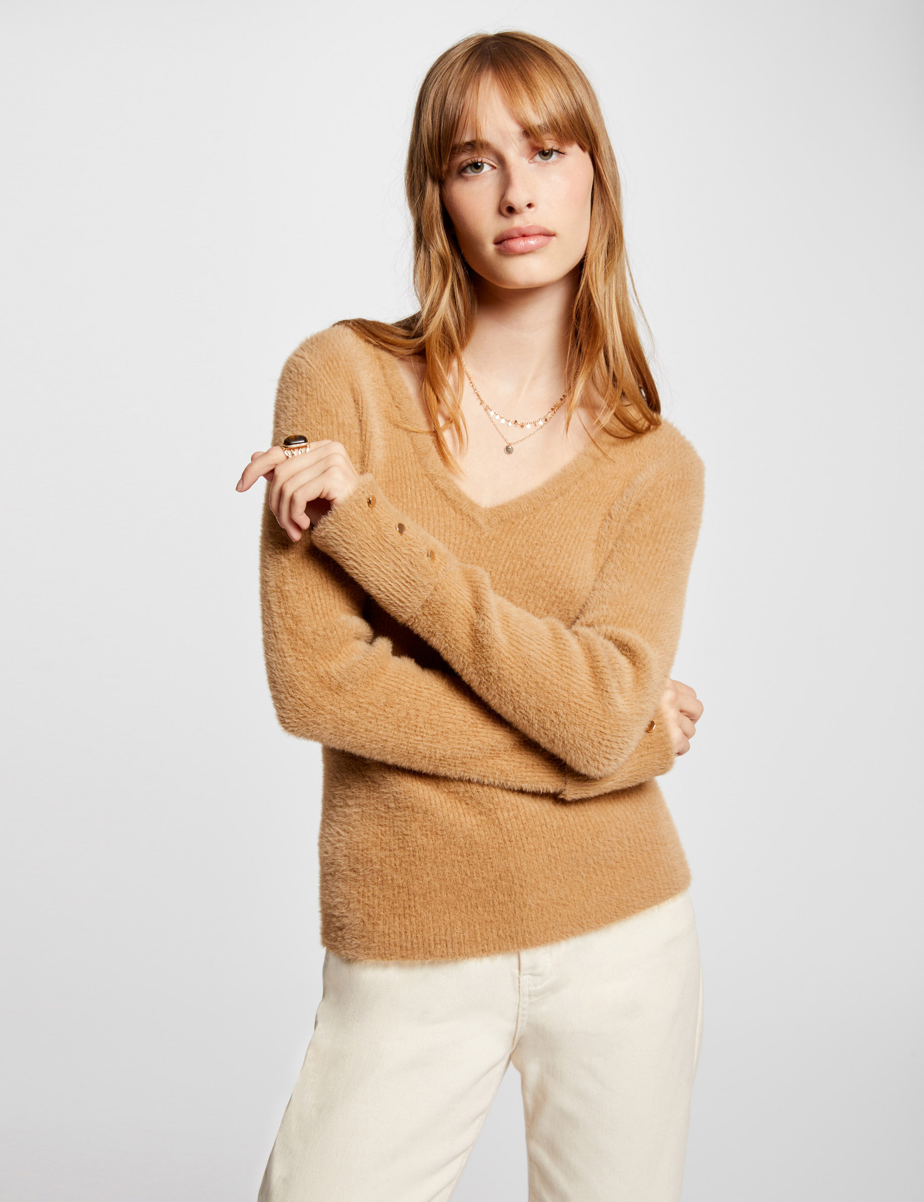 Pull manches longues maille duveteuse camel femme