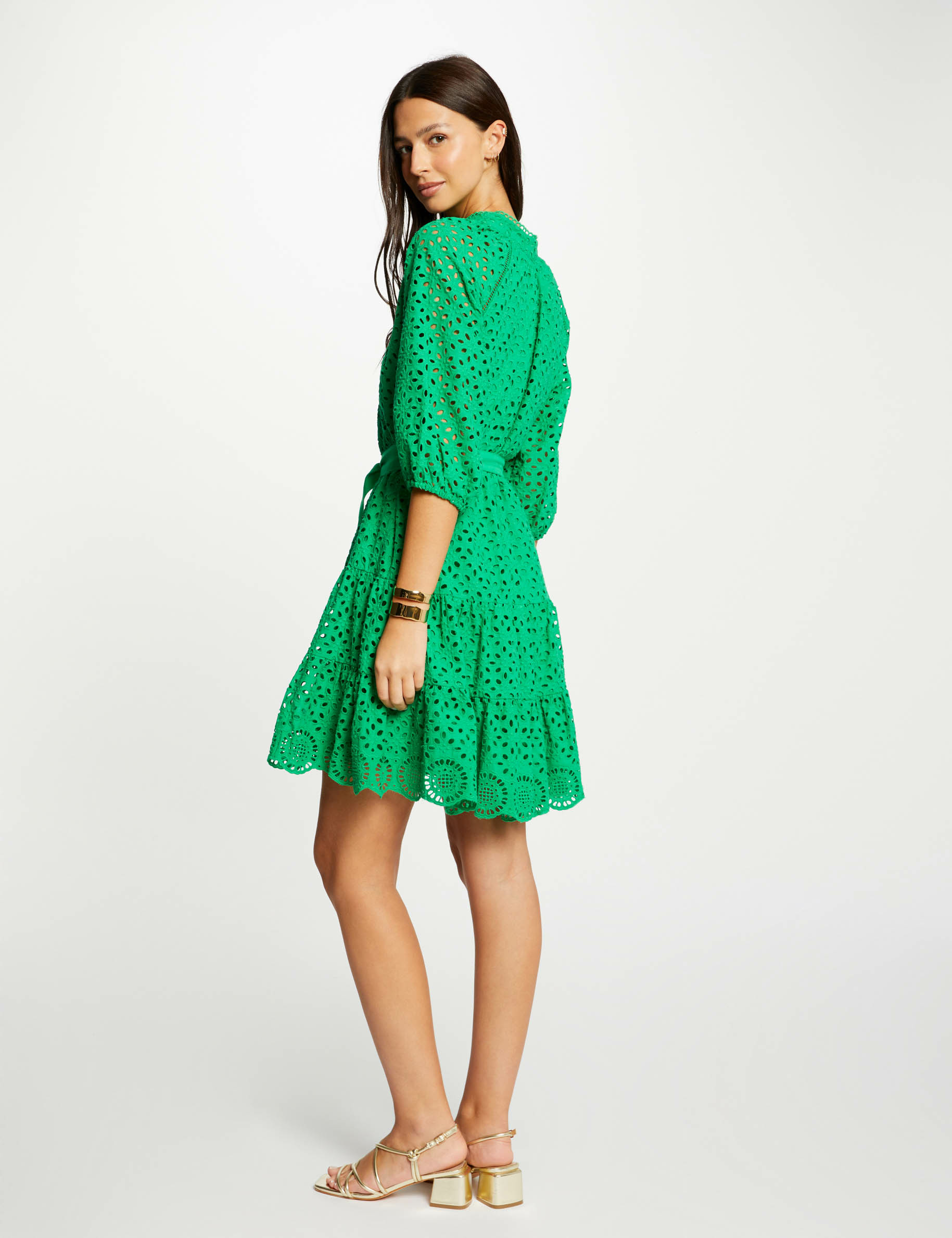 Robe courte trapèze brodée vert femme