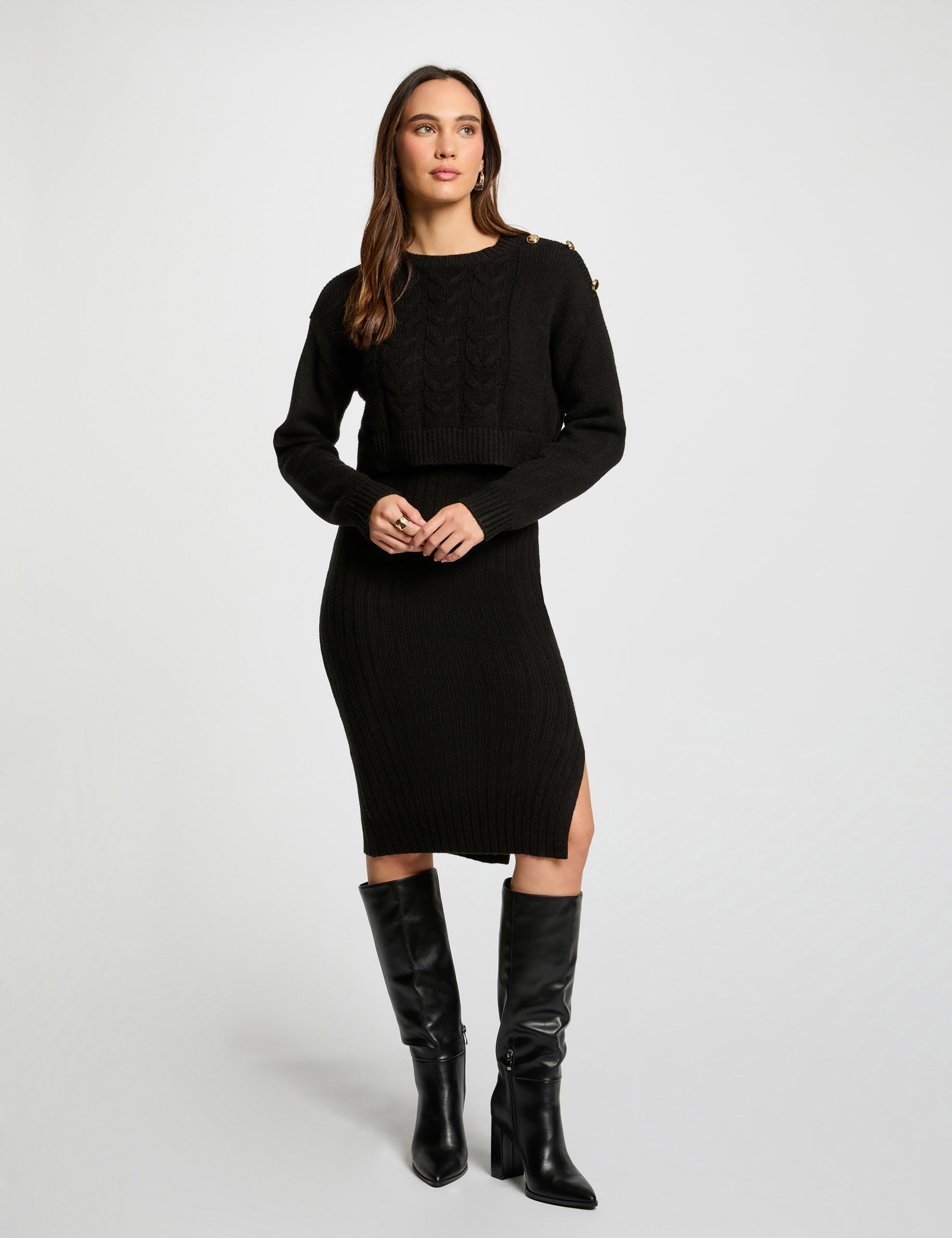 Robe tricot ajustée 2-en-1 noir femme