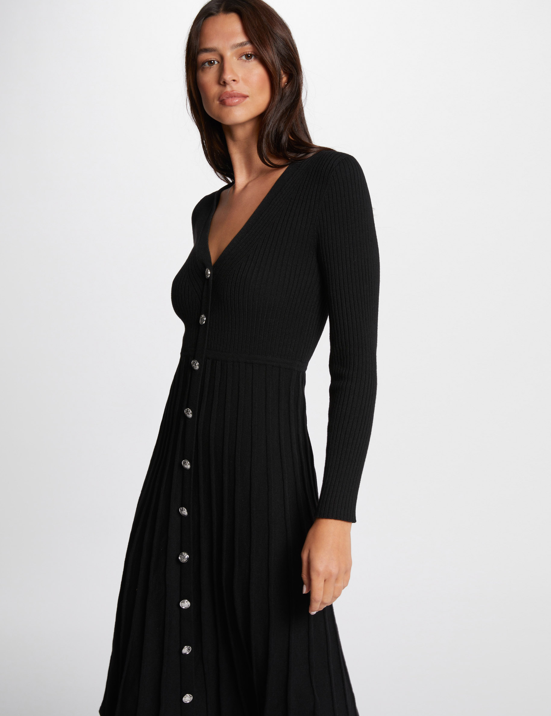 Robe tricot midi plissée noir femme