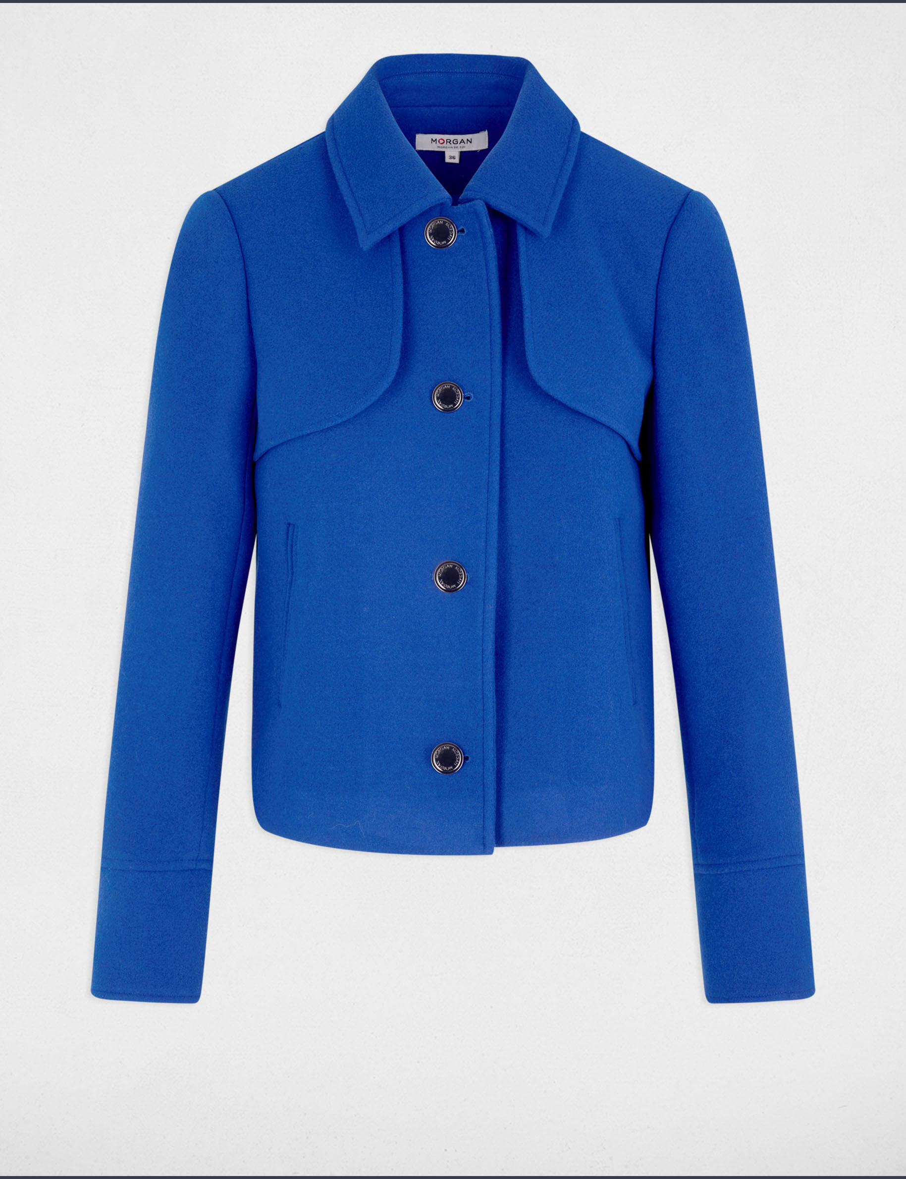 Manteau court boutonné bleu femme