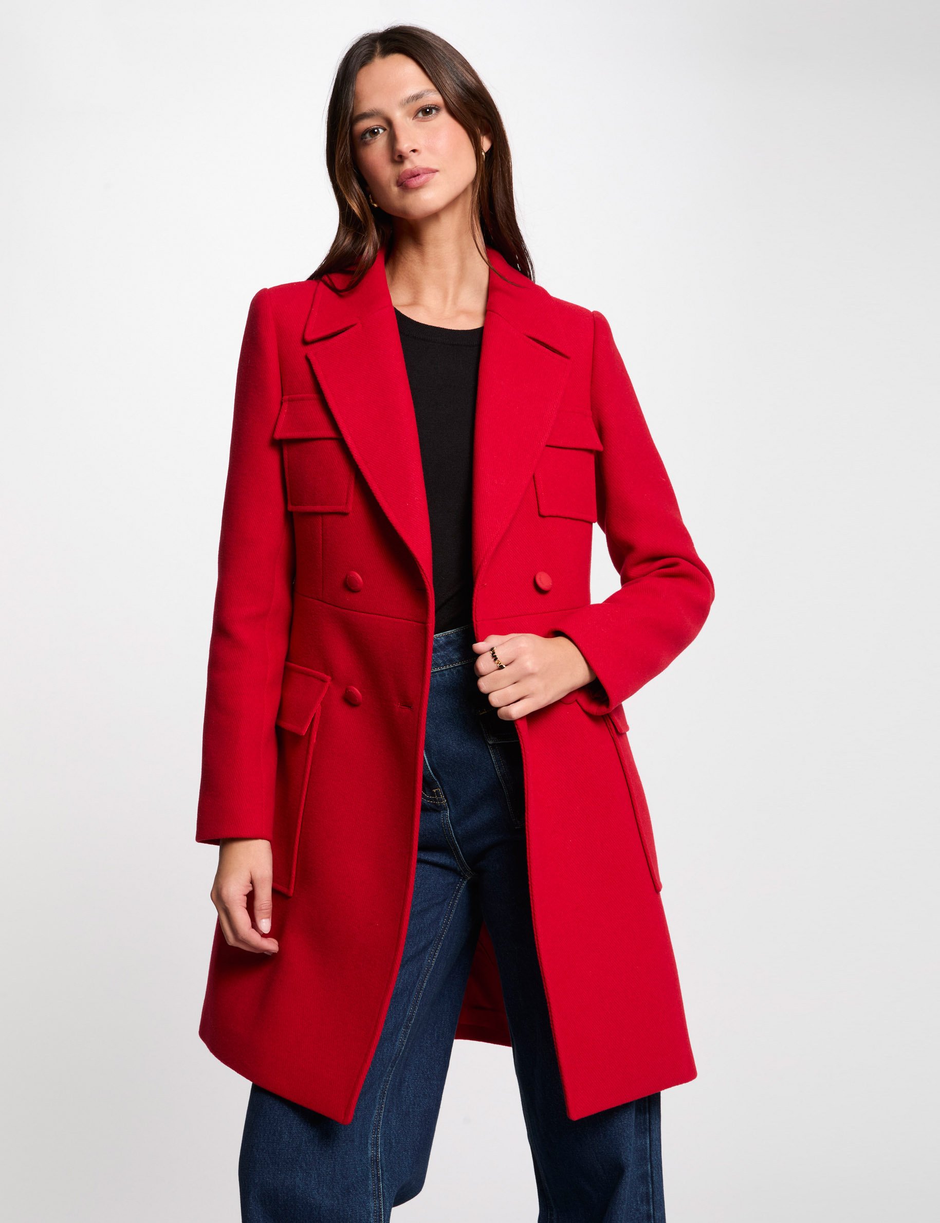 Manteau long boutonné rouge femme