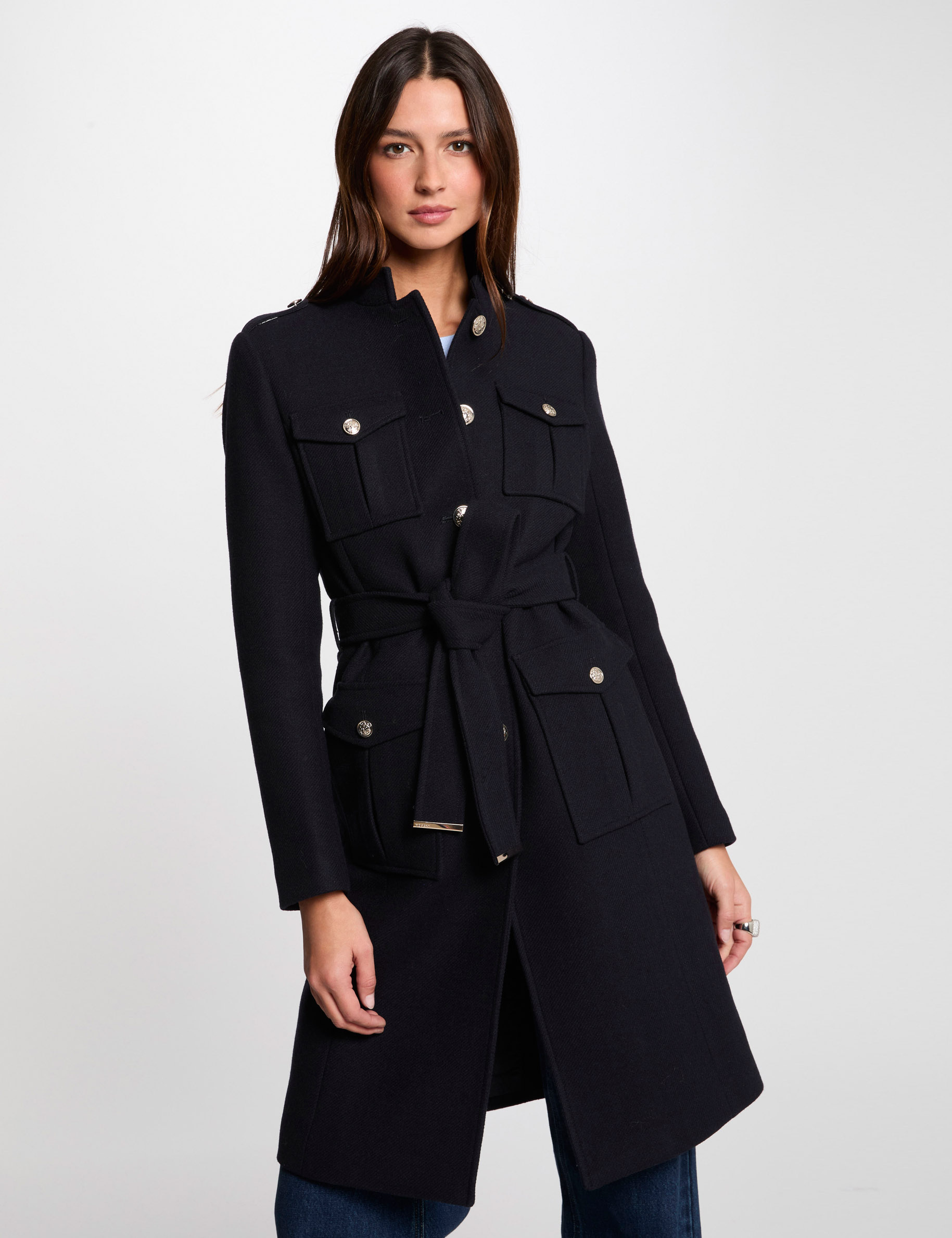 Manteau long ceinturé bleu marine femme