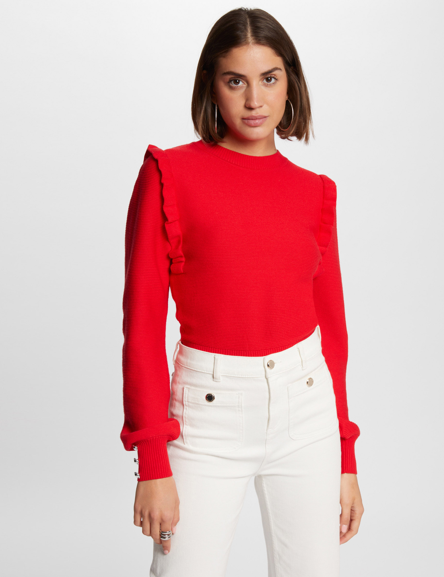 Pull manches longues volants rouge femme