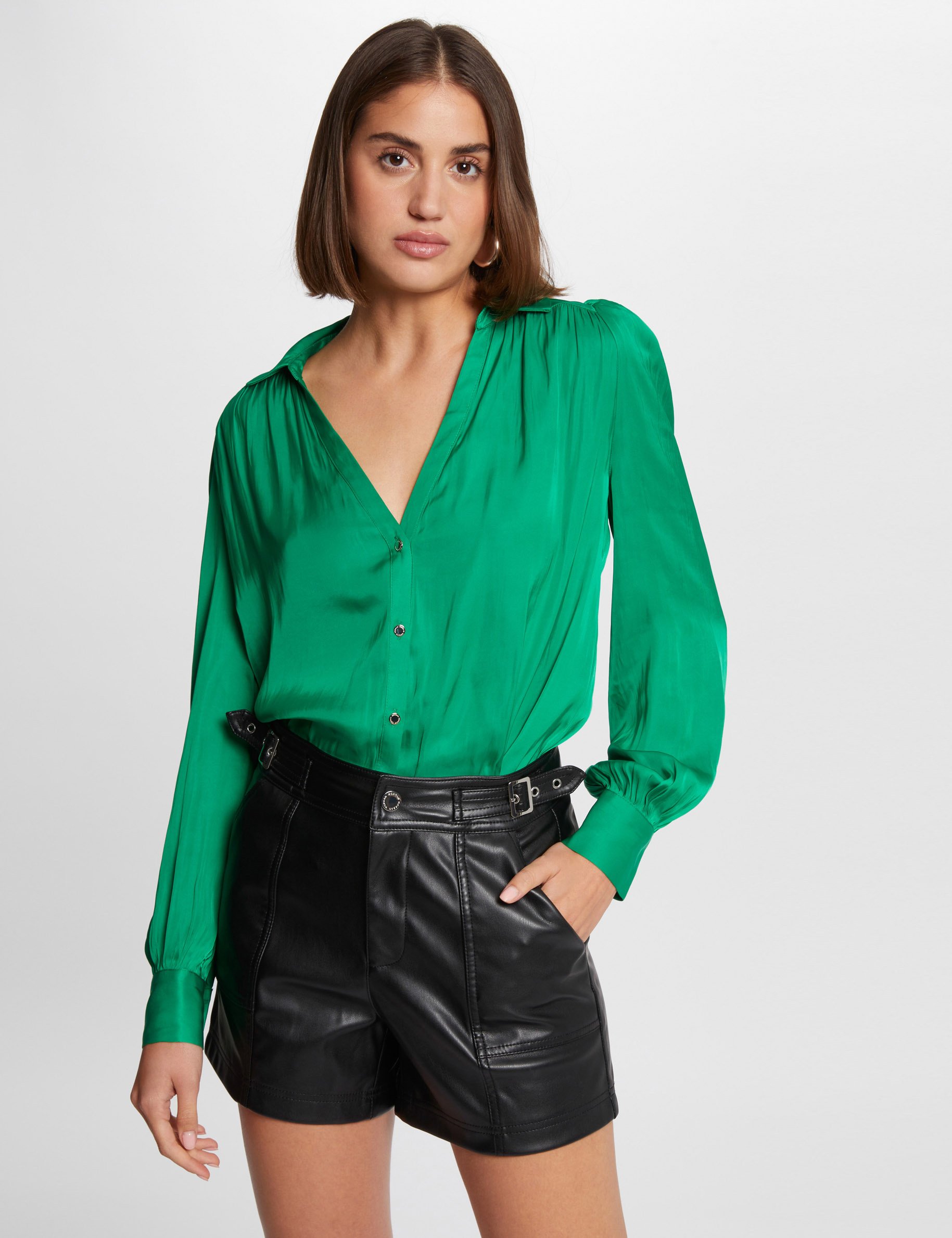 Chemise manches longues satin vert femme