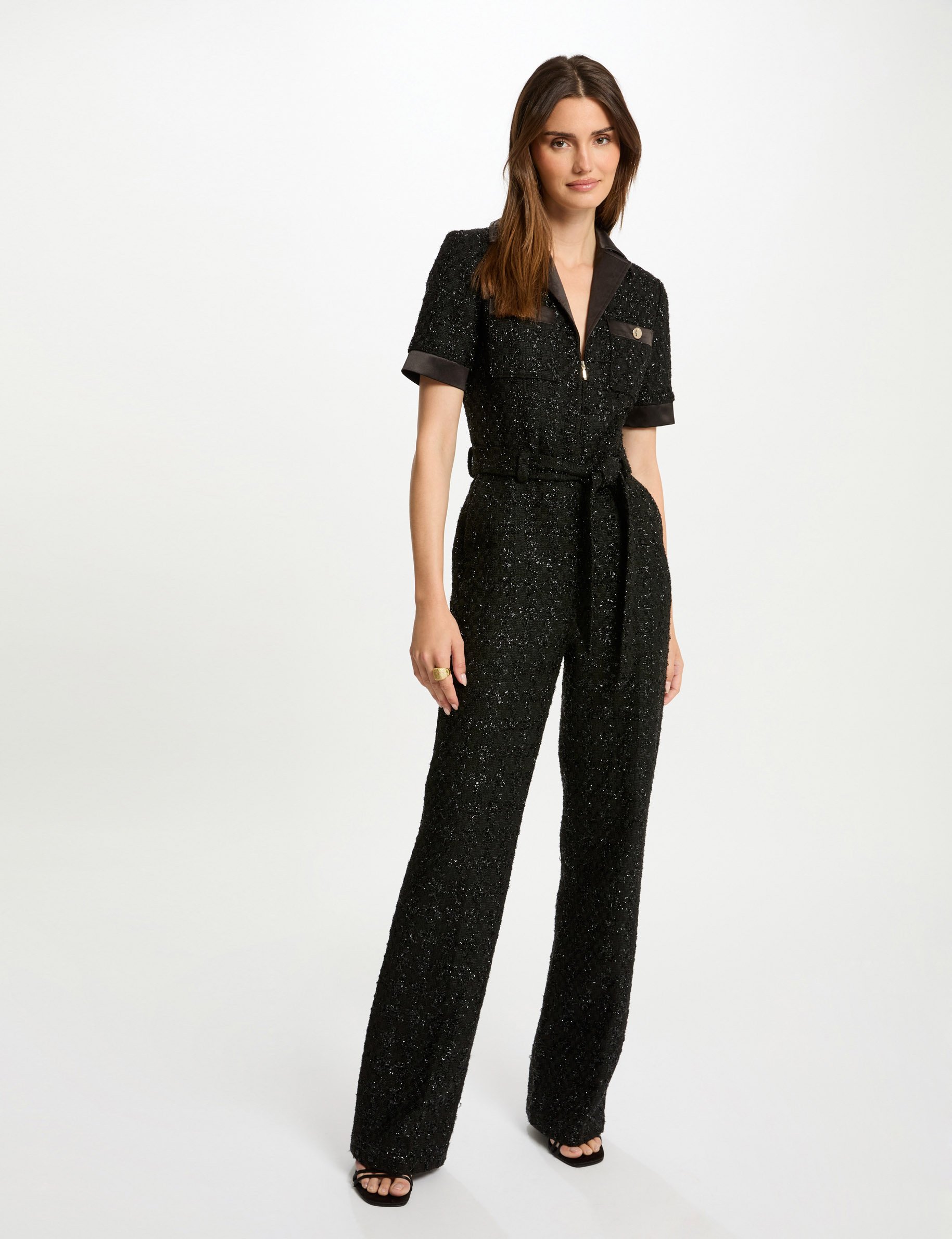 Lange tweed jumpsuit zwart vrouw