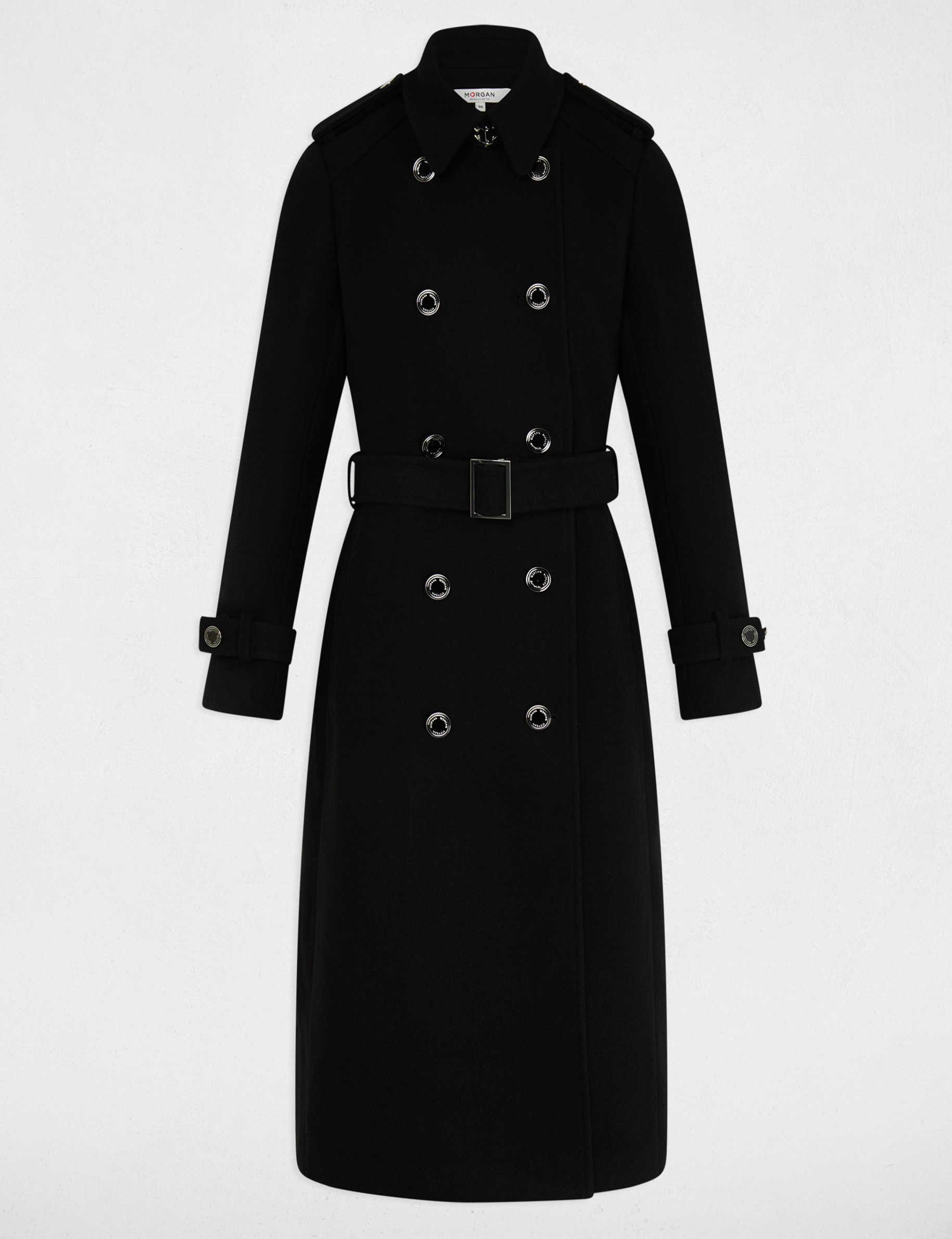 Manteau long ceinturé noir femme