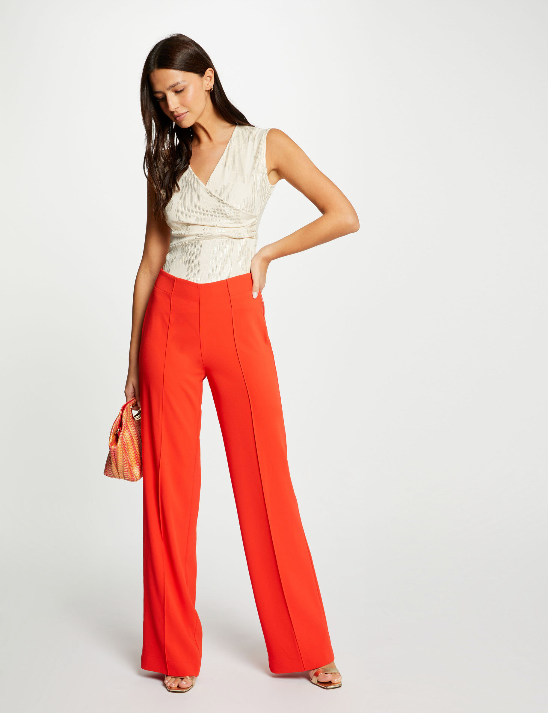 Pantalon jambe large fluide orange foncé femme