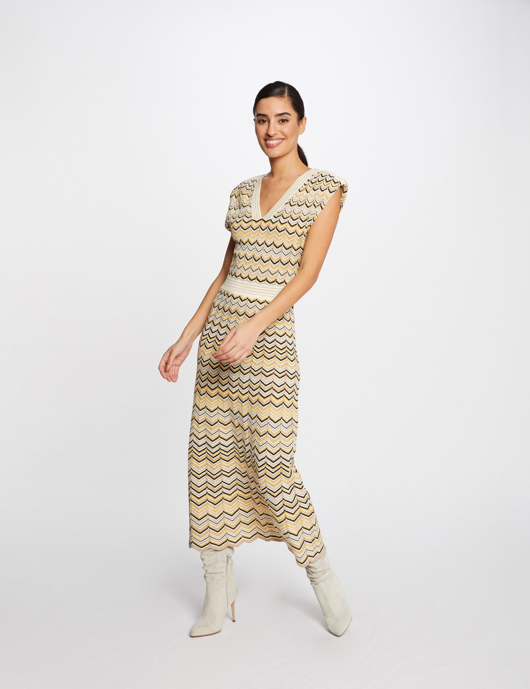 Robe longue imprimé jacquard jaune paille femme