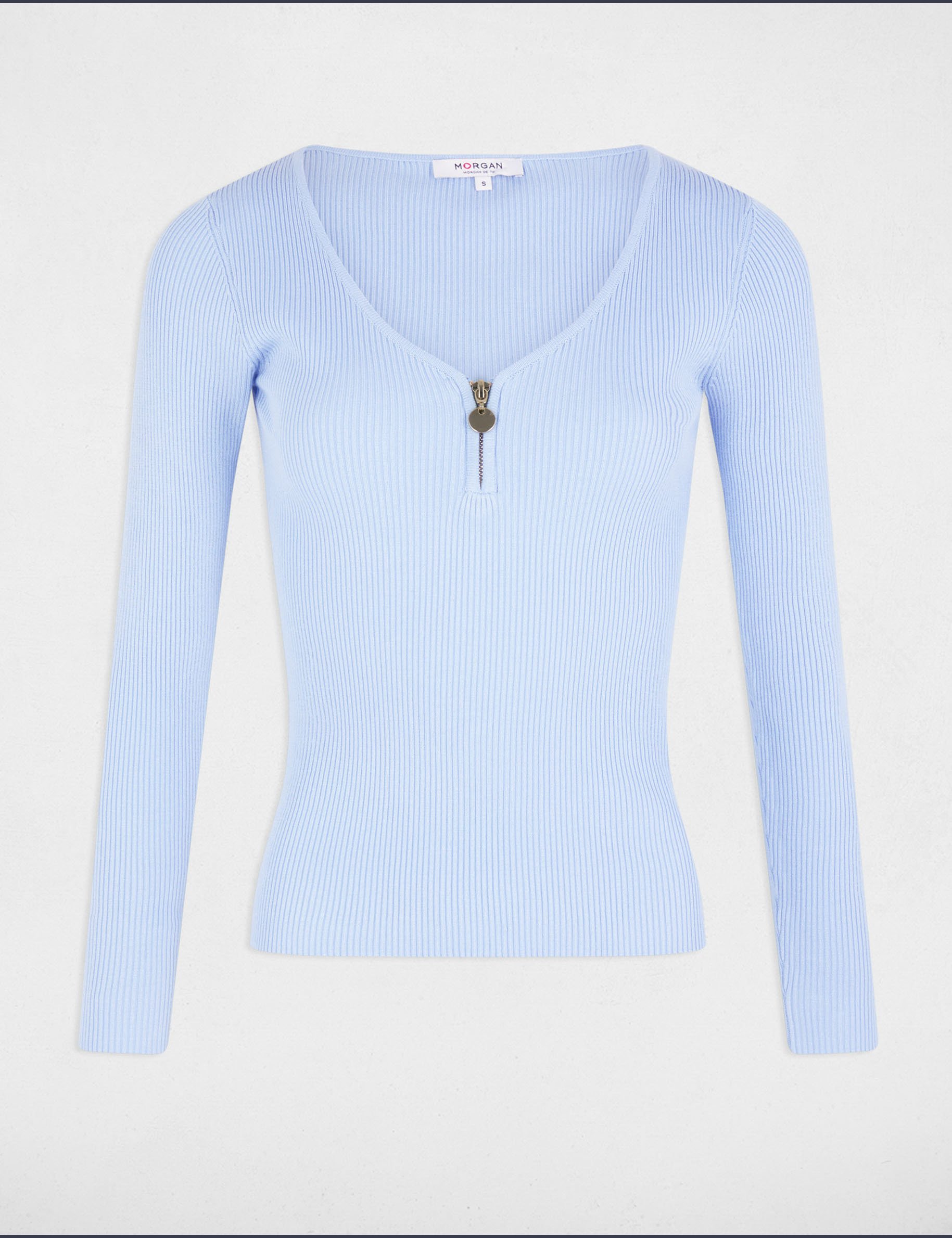 Pull manches longues côtelé détail zippé bleu ciel femme